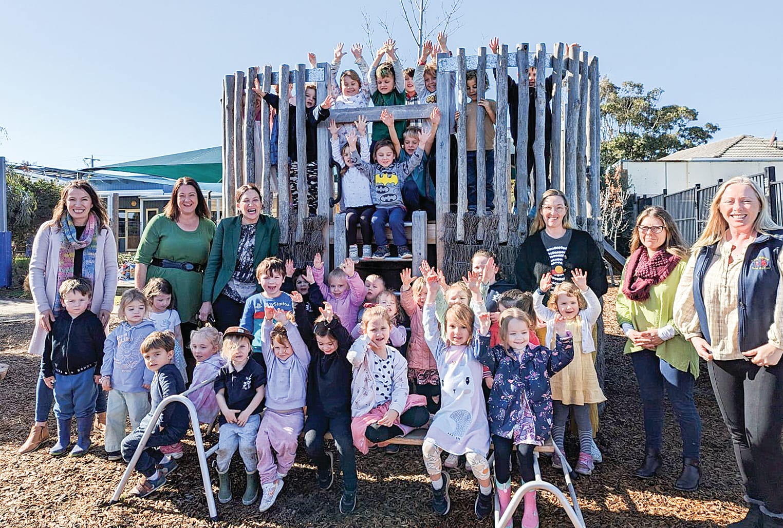 San Remo Pre-School educator Di, committee president Nikole Schellekens, kinder teacher Sarah, educator Danielle, and kinder Teach Amy, with the 3 and 4-year-old kinder children welcome MP for Bass Jordan Crugnale.
