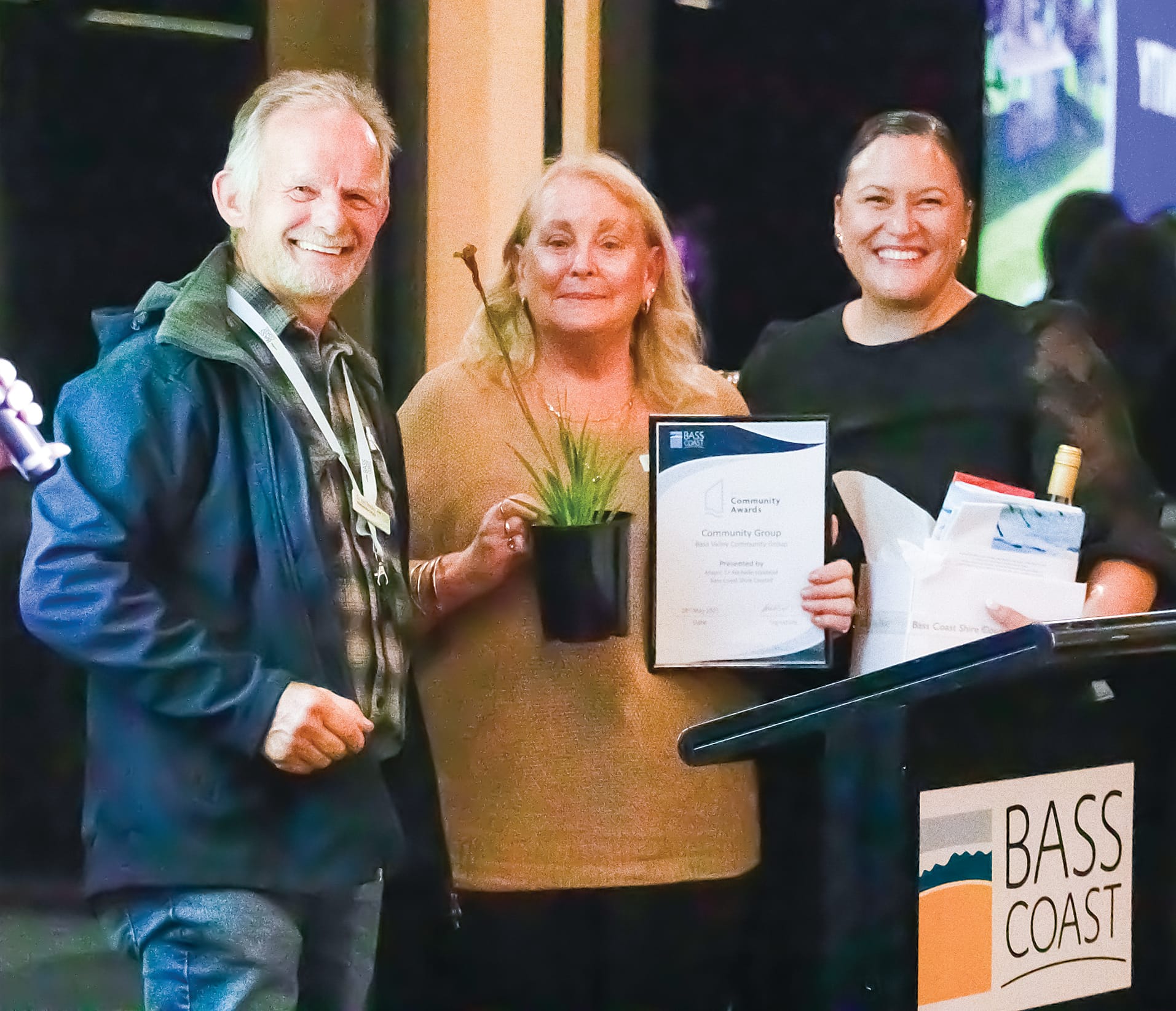 Cr Tim O’Brien alongside members of the Bass Valley Community Group, who won the Community Group Award. Photo: Piers Buxton.