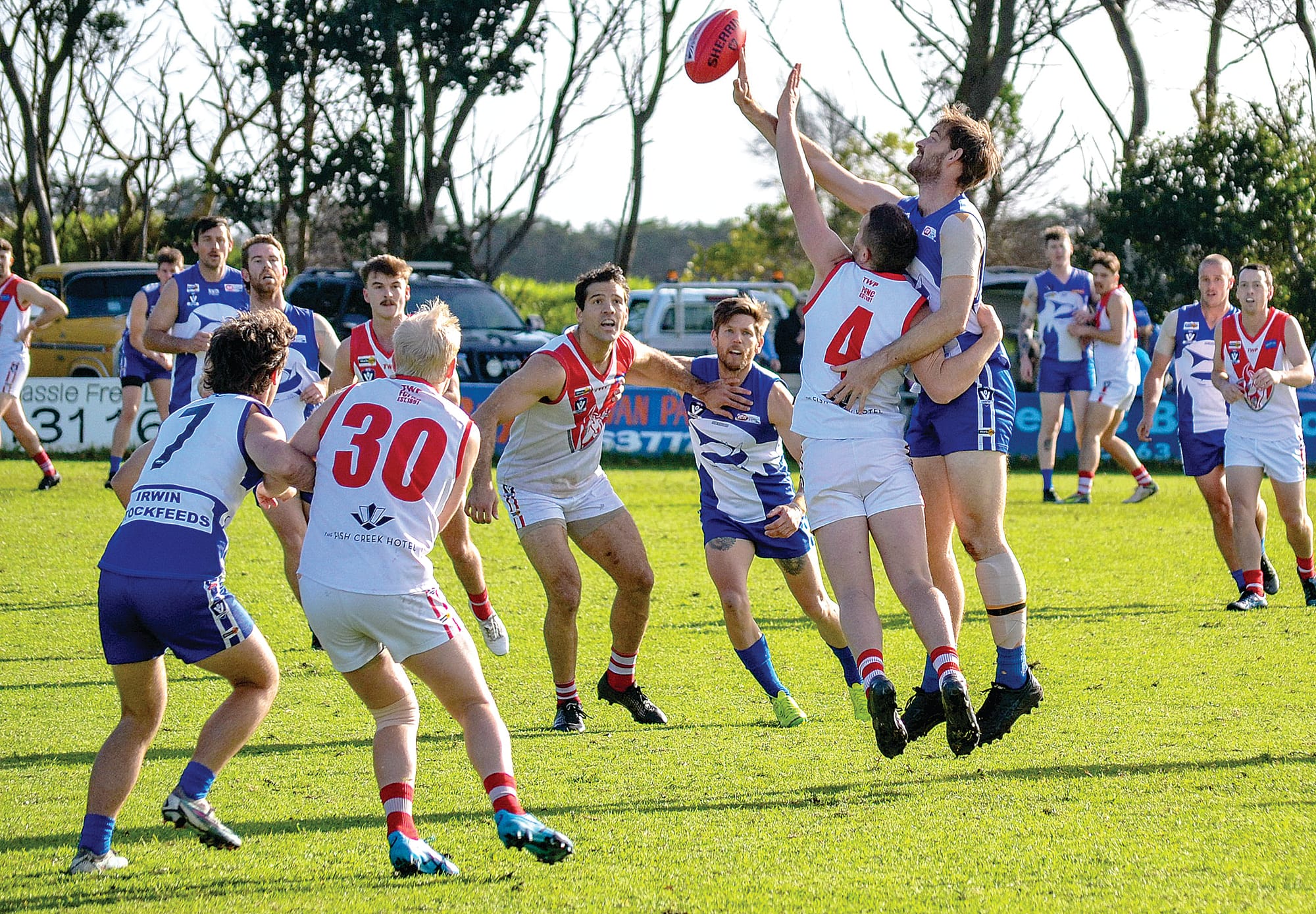 Coach Jarrod Walker battled hard all day against his bigger Tarwin opponent Nathan McRae.