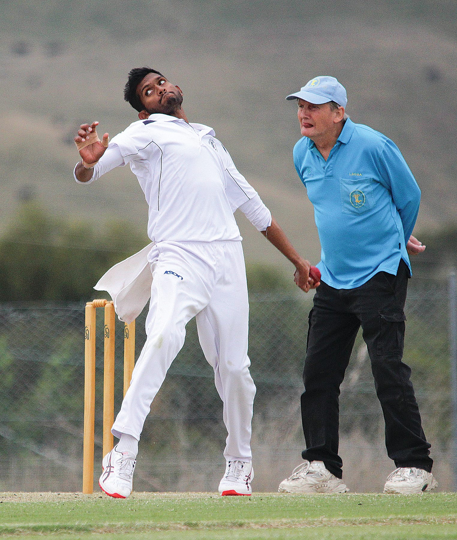 Talented Sharks spinner Charith Keerthisinghe sends one down the Korumburra Recreation Reserve pitch. B04_1323