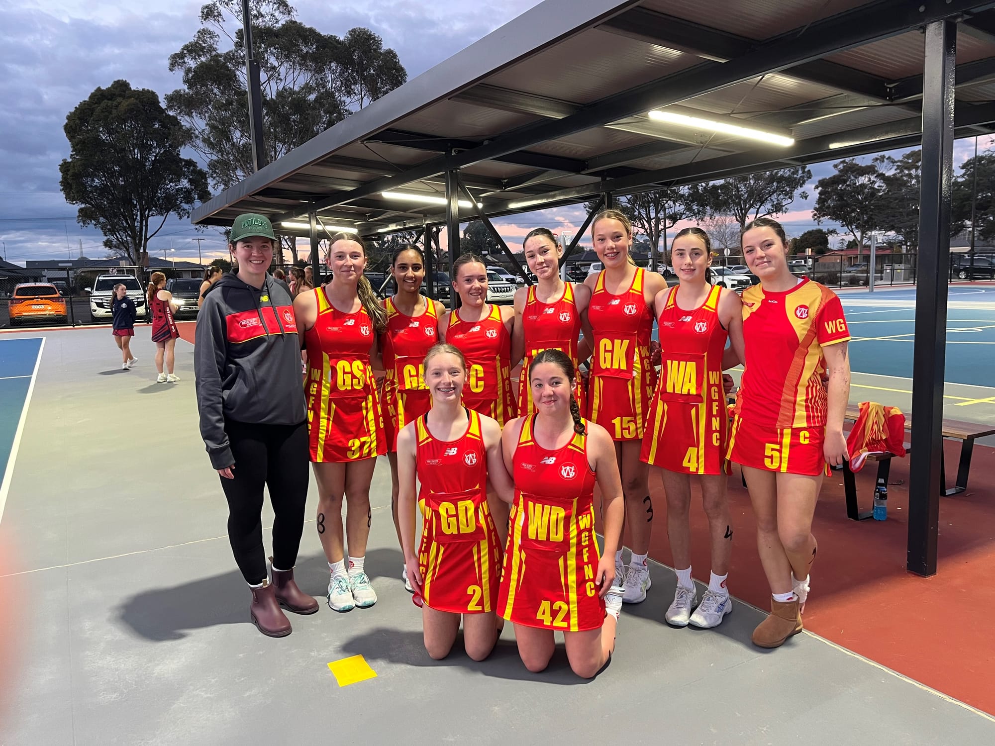Back: Jess Maher (Coach) (Tooradin Dalmore), Sienna McPherson (Cora Lynn), Tiahli Dedigama (Nar Nar Goon), Leah Kirkbride (Tooradin Dalmore), Annabel O'Hara (Koo Wee Rup), Annika Miller (Koo Wee Rup), Gracie McQualter (Nar Nar Goon), Adelle Hecker (Phillip Island). Front: Scarlett Shave (Nar Nar Goon), and Isabel McCarthy (Cora Lynn).