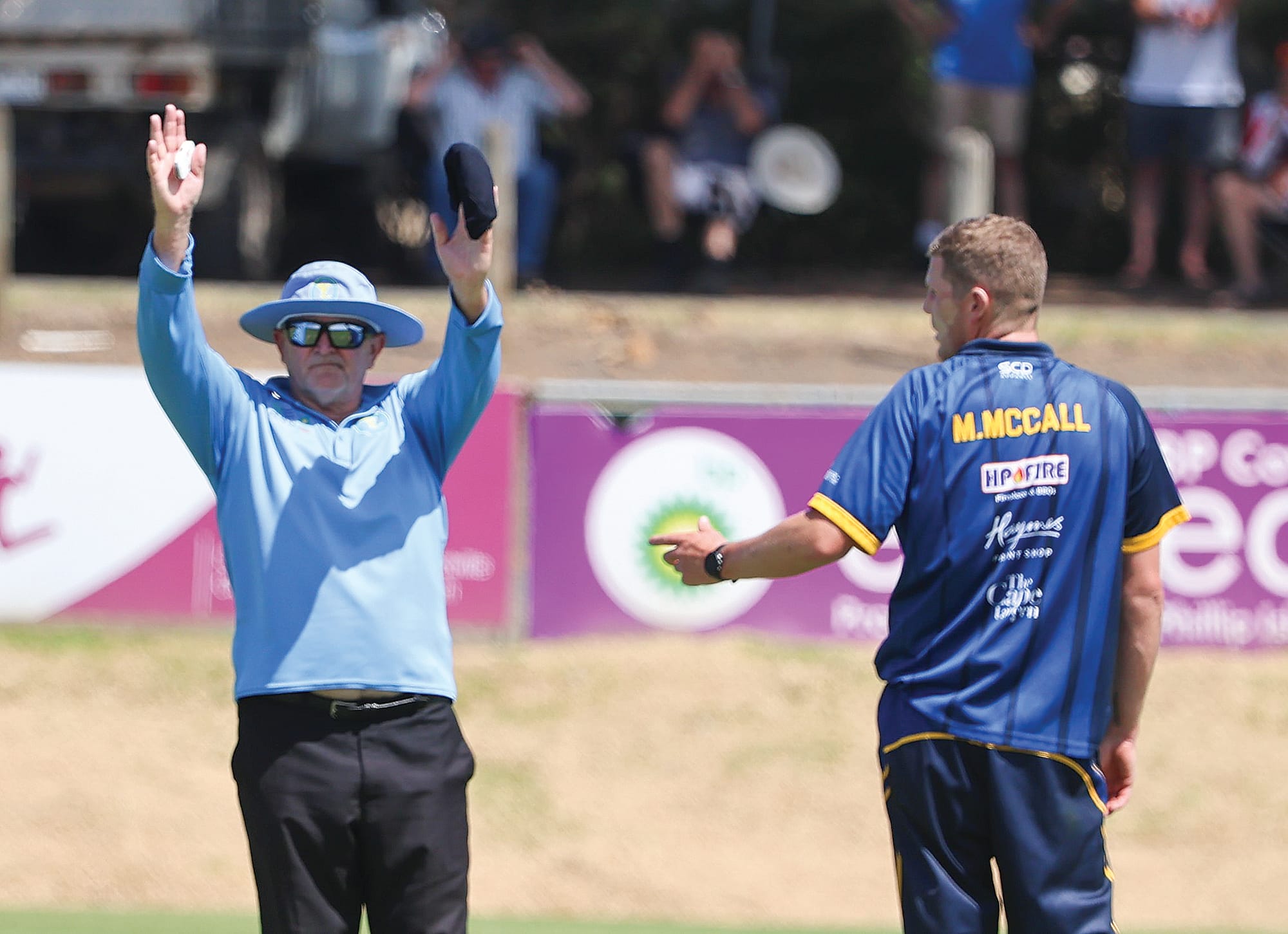 That’s gone! LDCA umpire Shane Moore signals another six for Phillip Island but there were more to come off the bat of Joel Brann in Club’s impressive response.