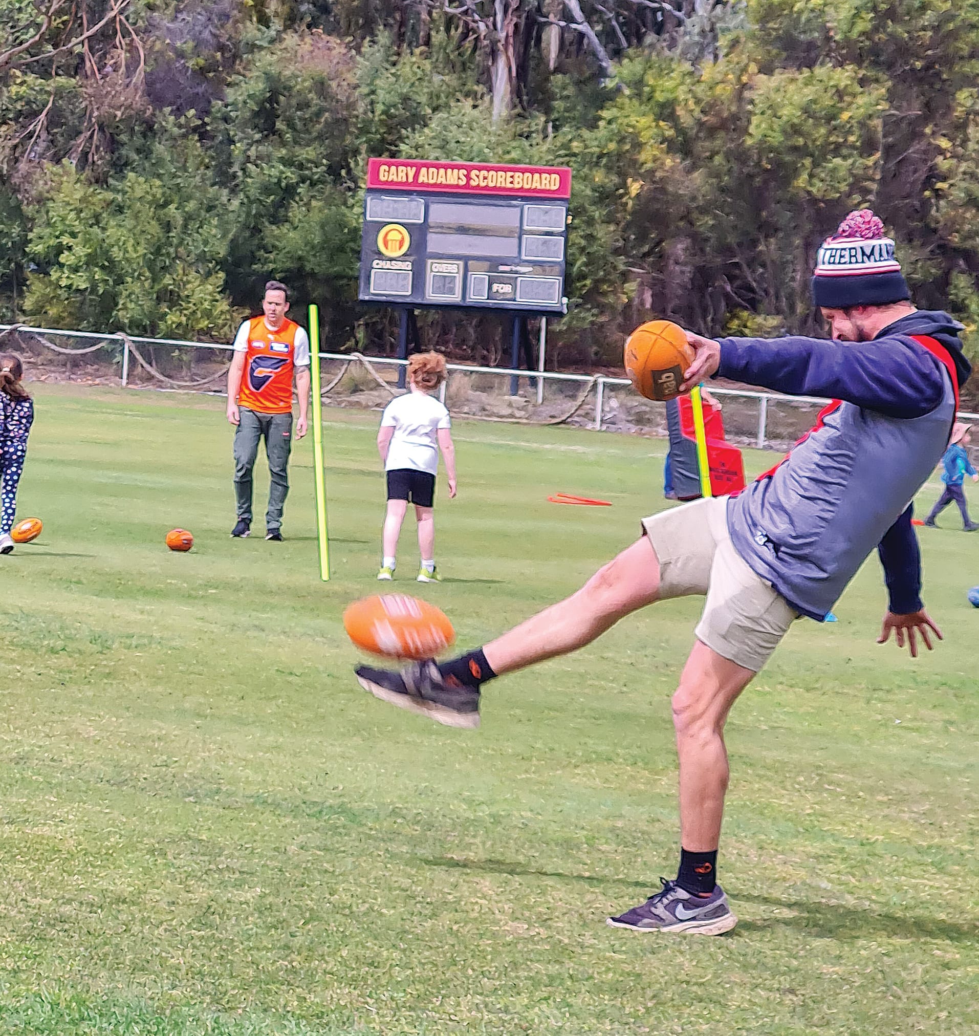 Tom Knox of Leongatha South kicks for goal on Sunday morning’s Pan-Kick Breakfast at Outtrim.
