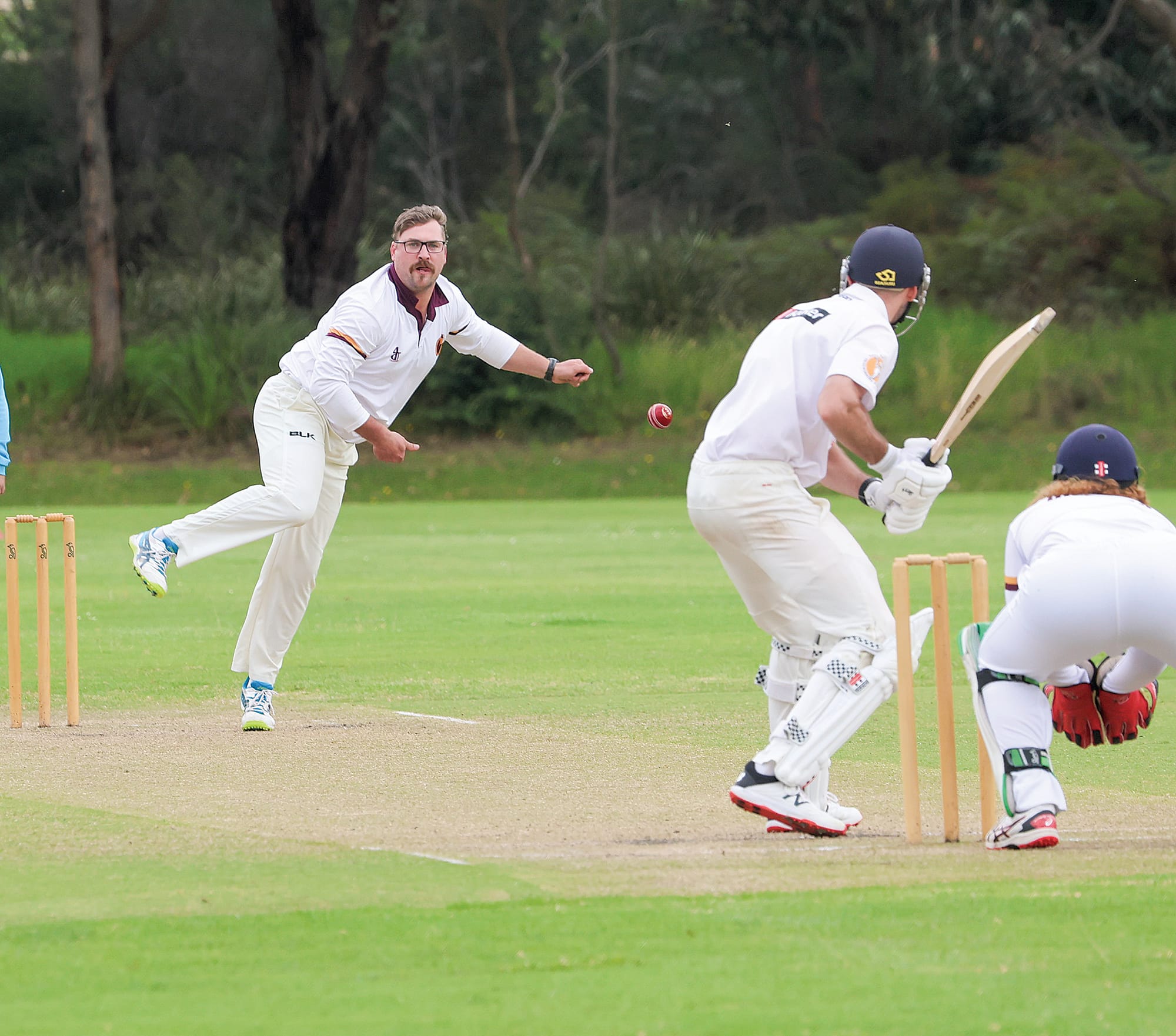 Inverloch opener Dylan Clark gets the Inverloch chase off to a lively start off the bowling of OMK’s Jake Cochrane.