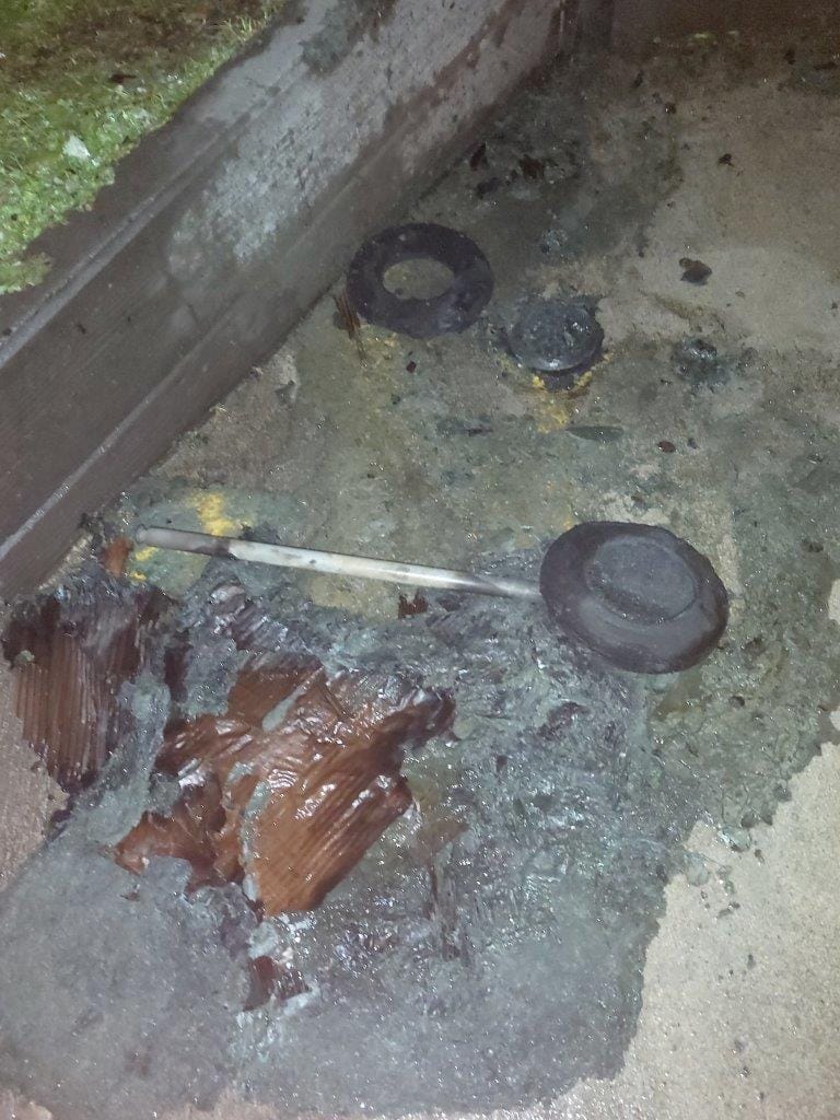 The remains of a box on wheels set on fire near the Wonthaggi Bus Stop.