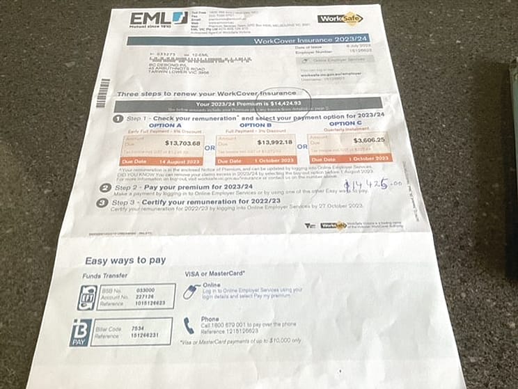 The EML Mutual letter offering two minor discounted rates if paid in full, which Fred said no small business can afford, so they don’t benefit. 