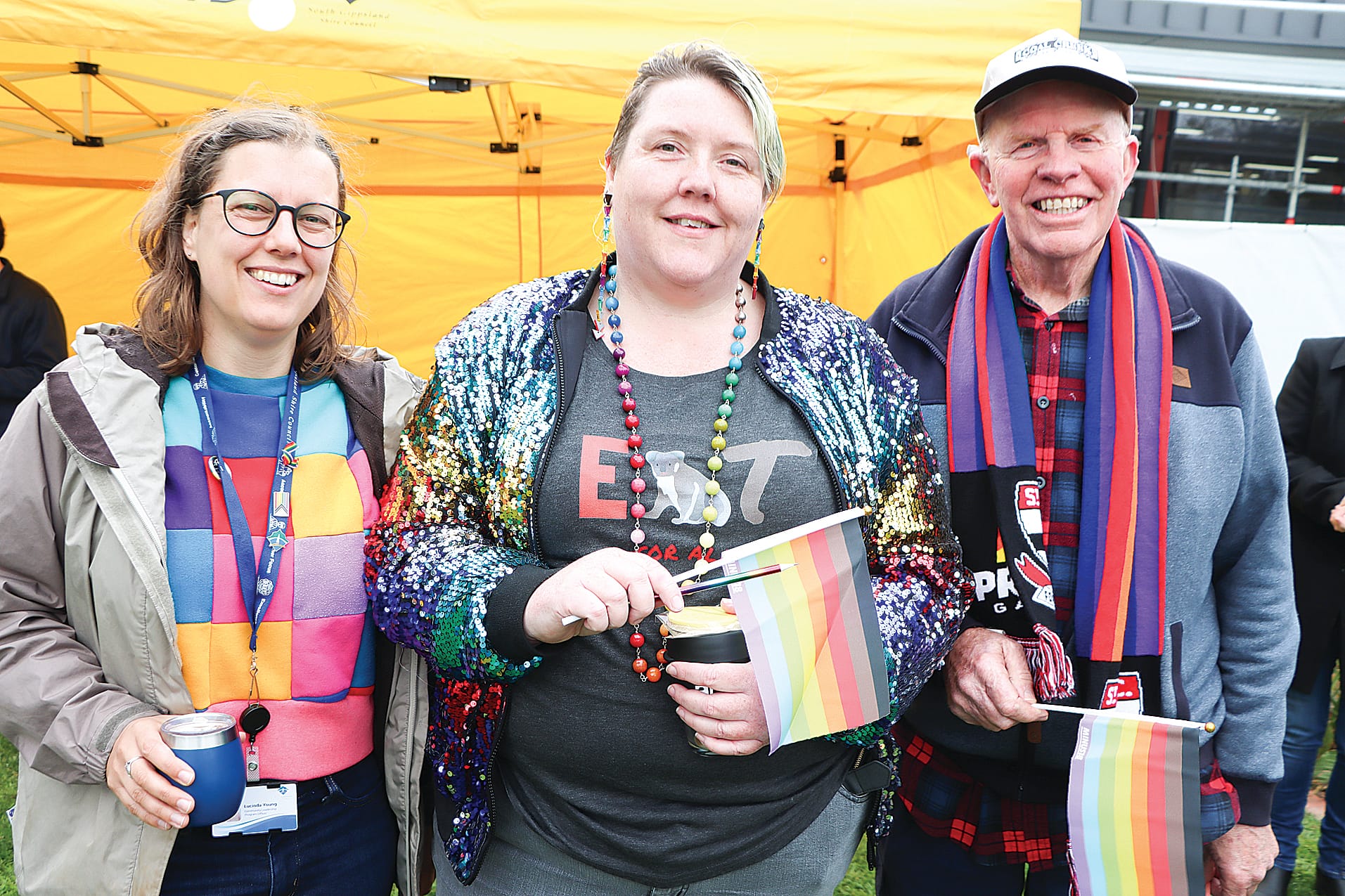 Lucinda Young, Rachel Jones and John Grenville get into the IDAHOBIT spirit. A12_2124