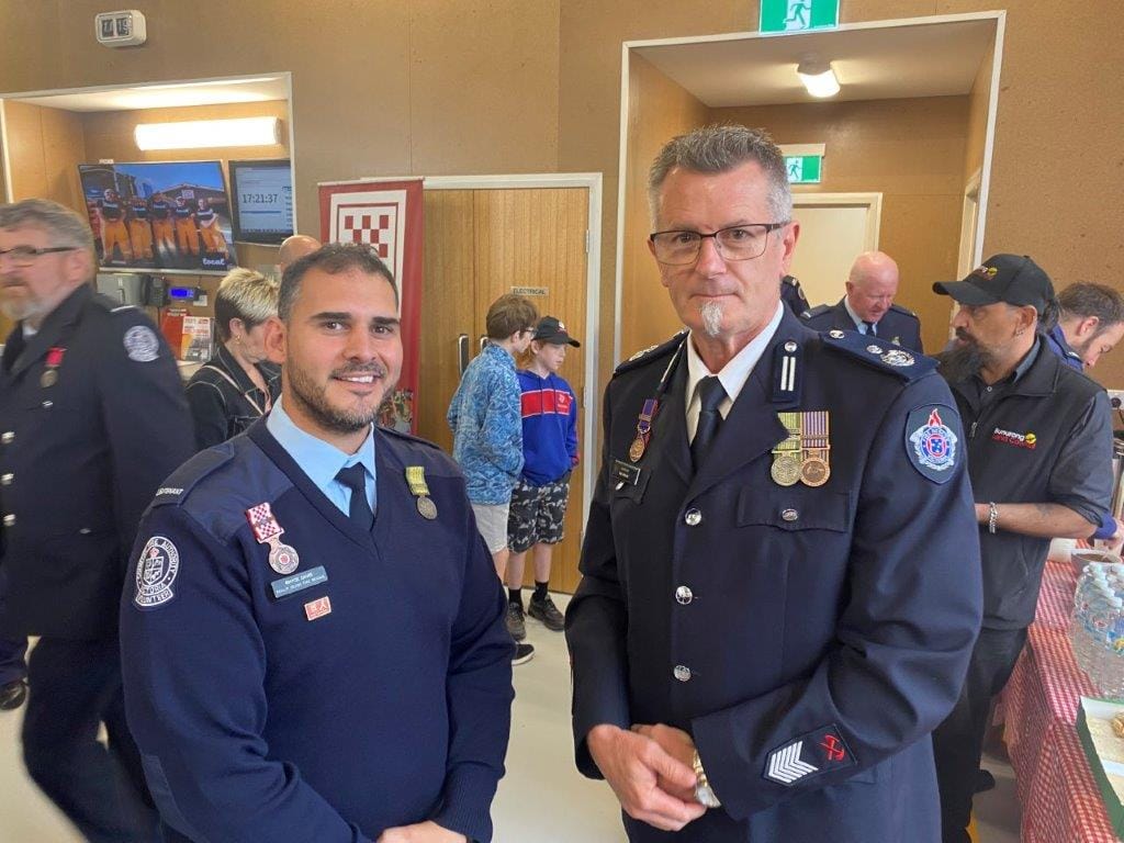 Chatting over a cup of tea after the opening of the new Phillip Island Fire Station were First lieutenant of the Phillip Island brigade Rhyce Davis and Catchment Commander Phil Rogan.