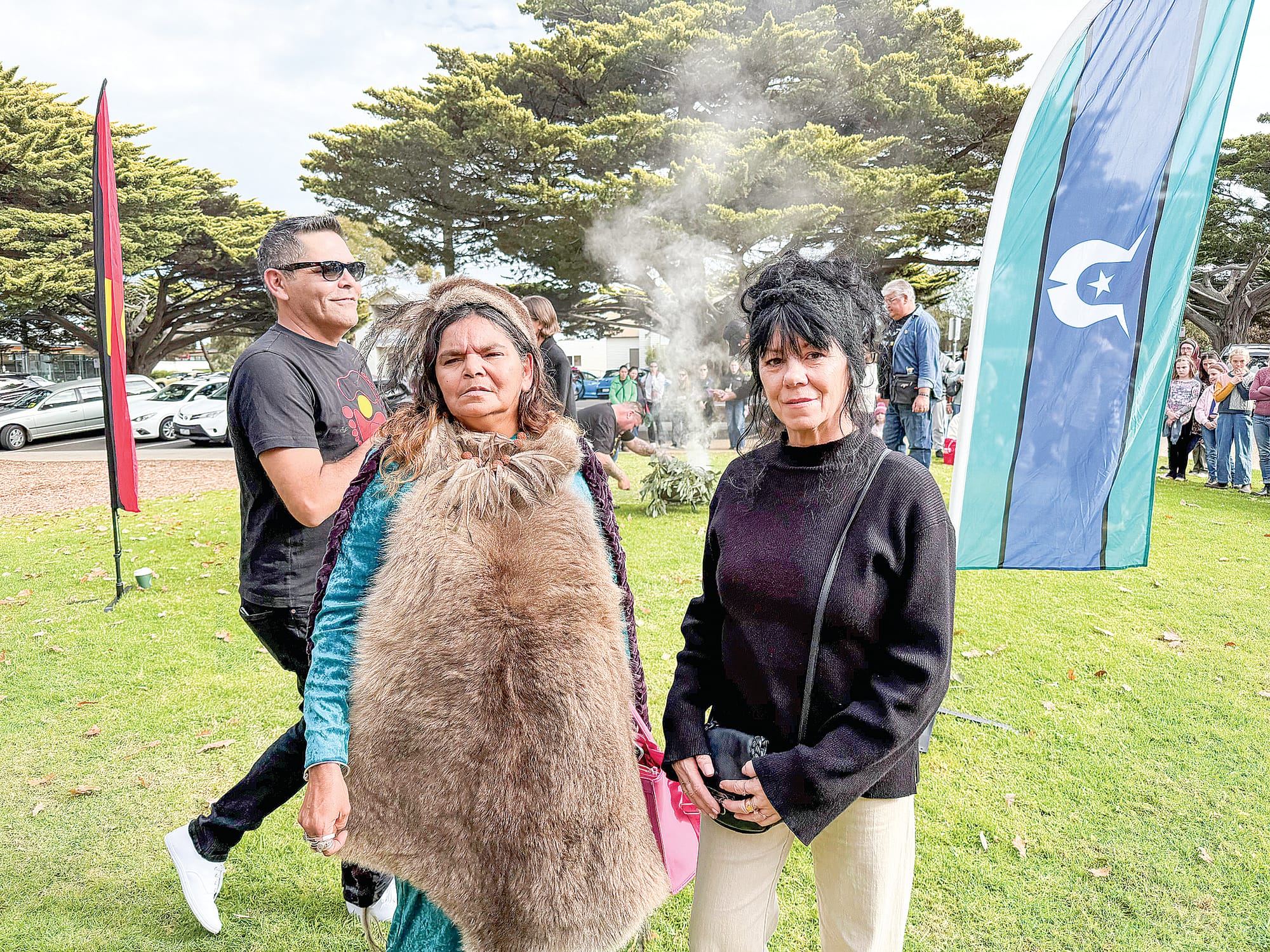 Gunnai Kurnai elder, Aunty Elizabeth Dalton with a friend at the Ngangga Community Festival in Cowes on Milawul last Sunday.