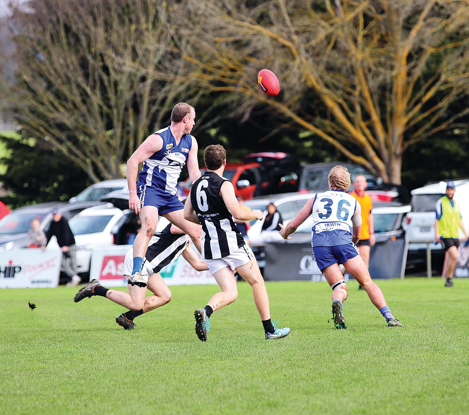 Tarwin’s Nick Battersby leaps high for the mark against Yinnar’s Matt Dyke with Jack Vanderkolk ready to get the ball out. Z24_3622