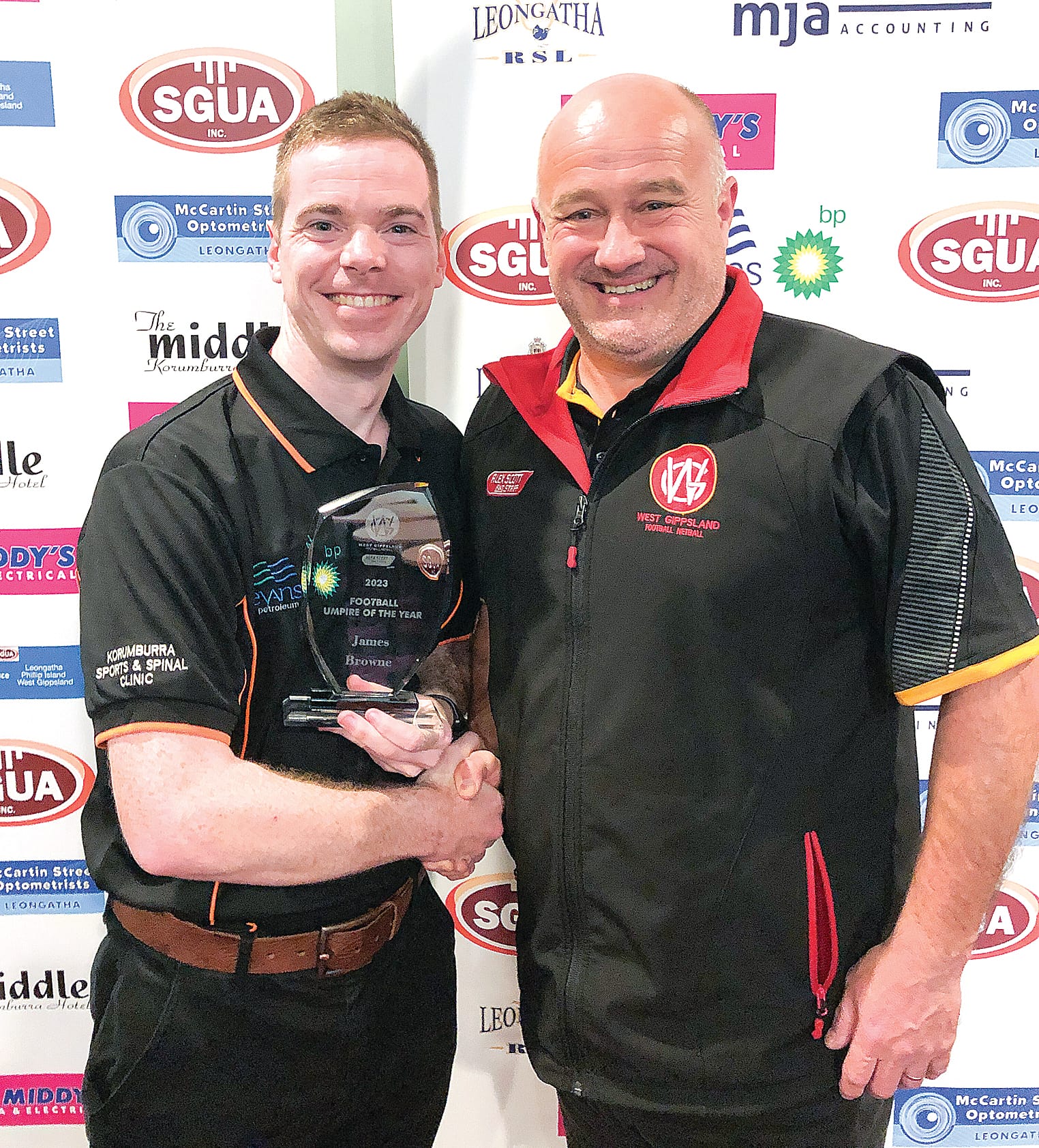 James Browne was named South Gippsland Umpires Association’s Umpire of the Year. He is pictured with Brett Tessari (right).