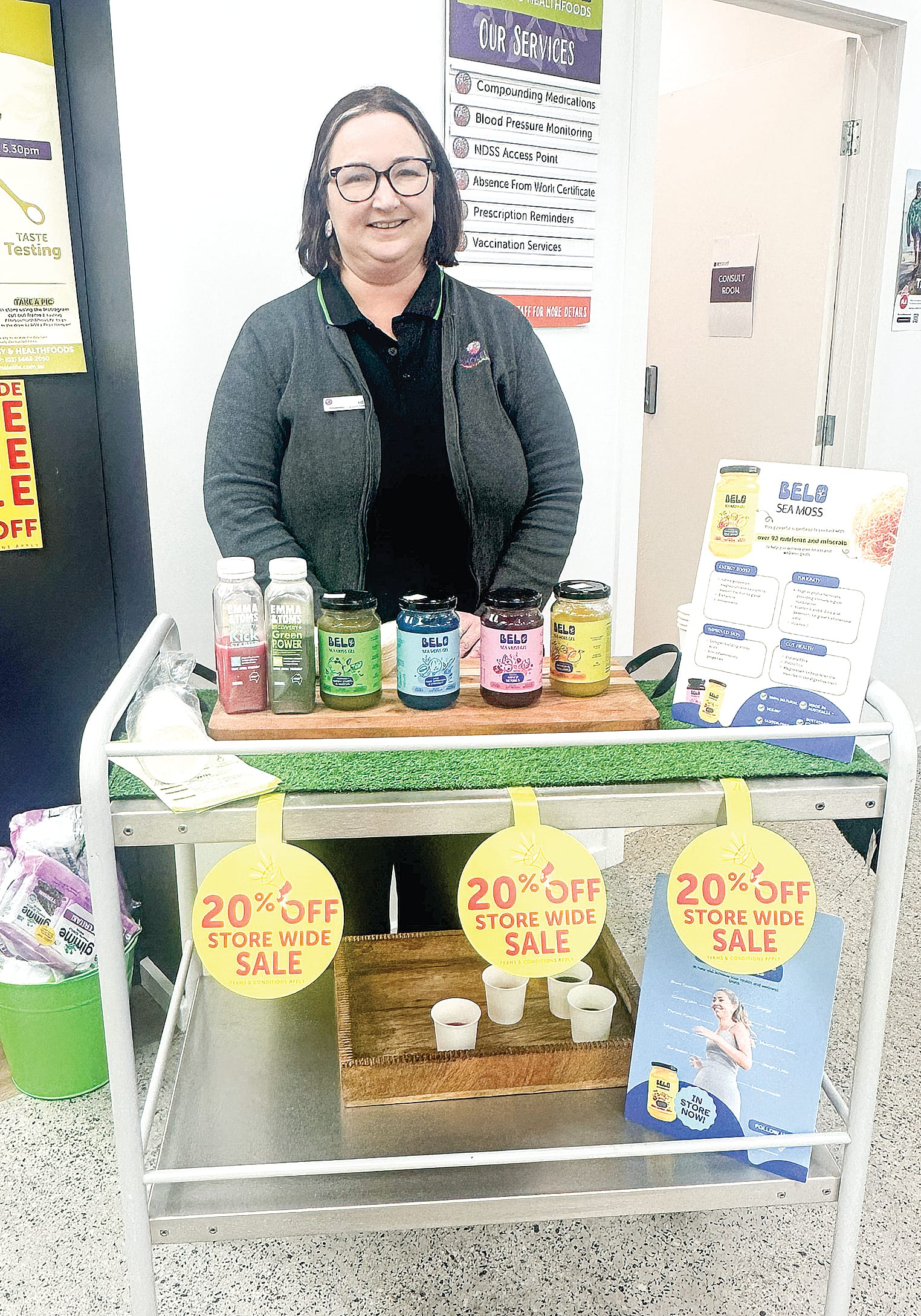 Mel showcases some of the pharmacy’s great products, such as Belo Sea Moss gels, which deliver over 90 essential minerals and vitamins. 