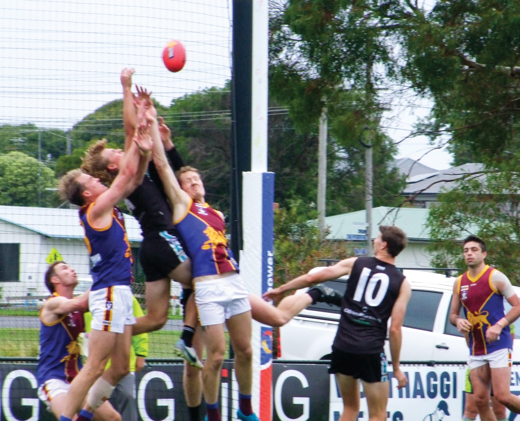 Up they go in the Wonthaggi goal square as Moe starts to get on top in the Gippsland match of the day at Wonthaggi on Saturday. Photos by Paul Landells.