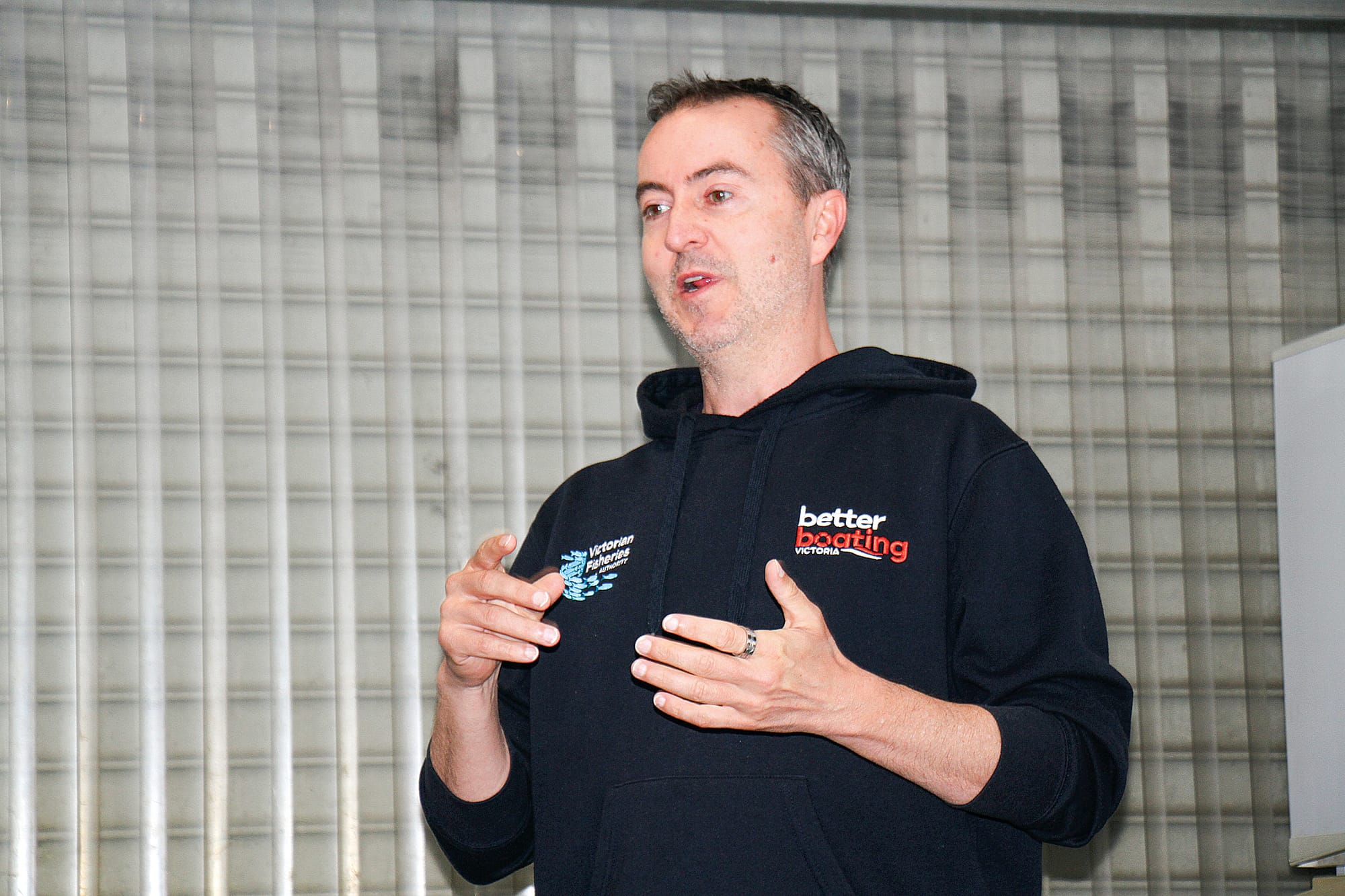 Chris Padovani Director Better Boating Victoria speaking at the Venus Bay Angling Club. B12_1725