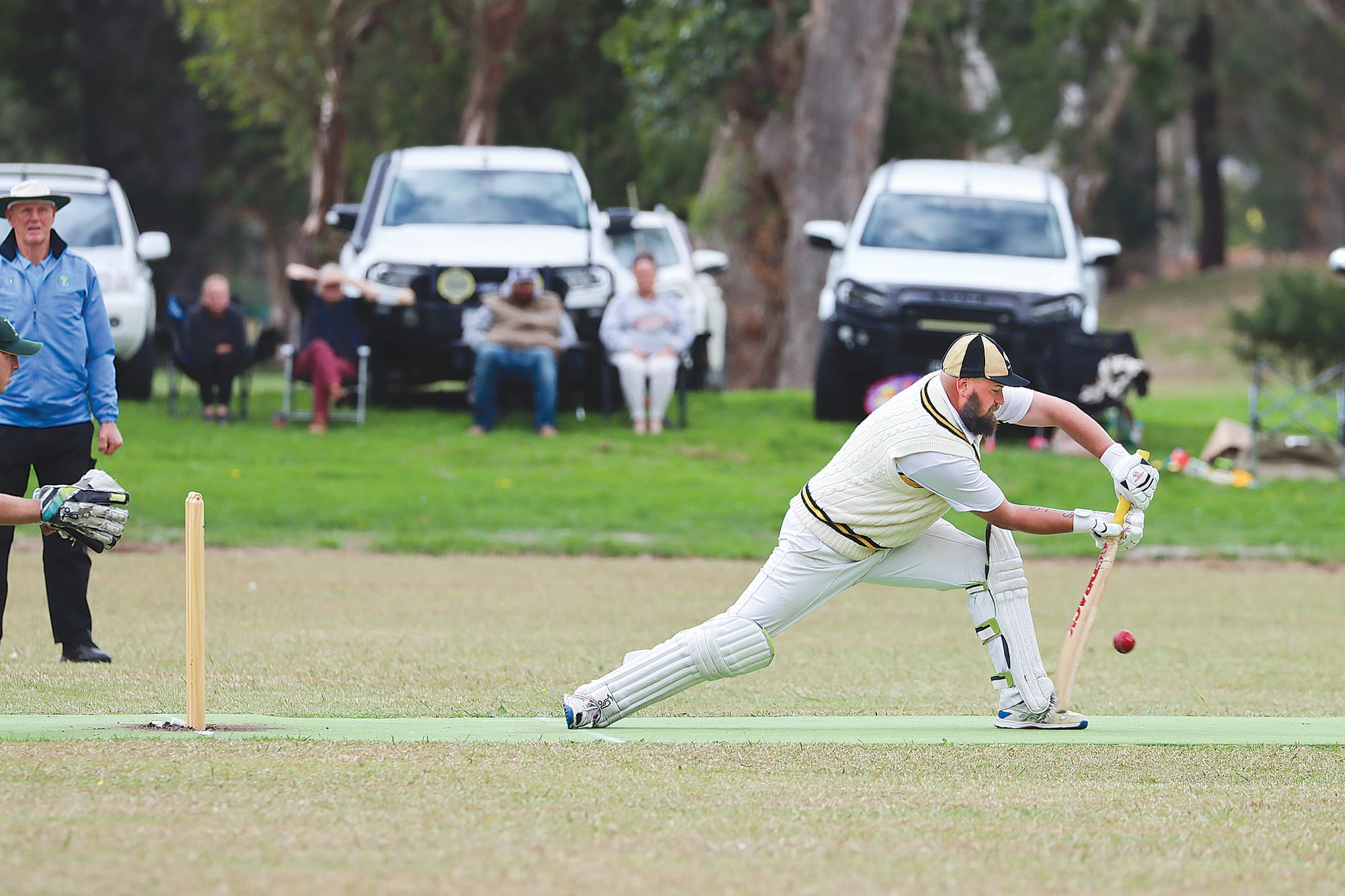 Jack Gay is watchful for Foster, being named the man of the match for his outstanding 8/64 off just under 30 overs and a patient knock of 35. A48_1325