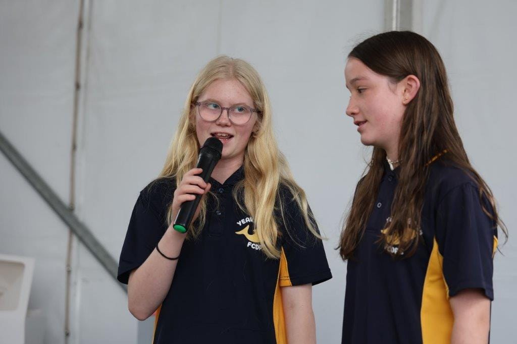 The ‘welcome to country’ at the Fishy Stories Festival was presented by Fish Creek Primary School students Chloe Littlejohn and Addie Manne.
