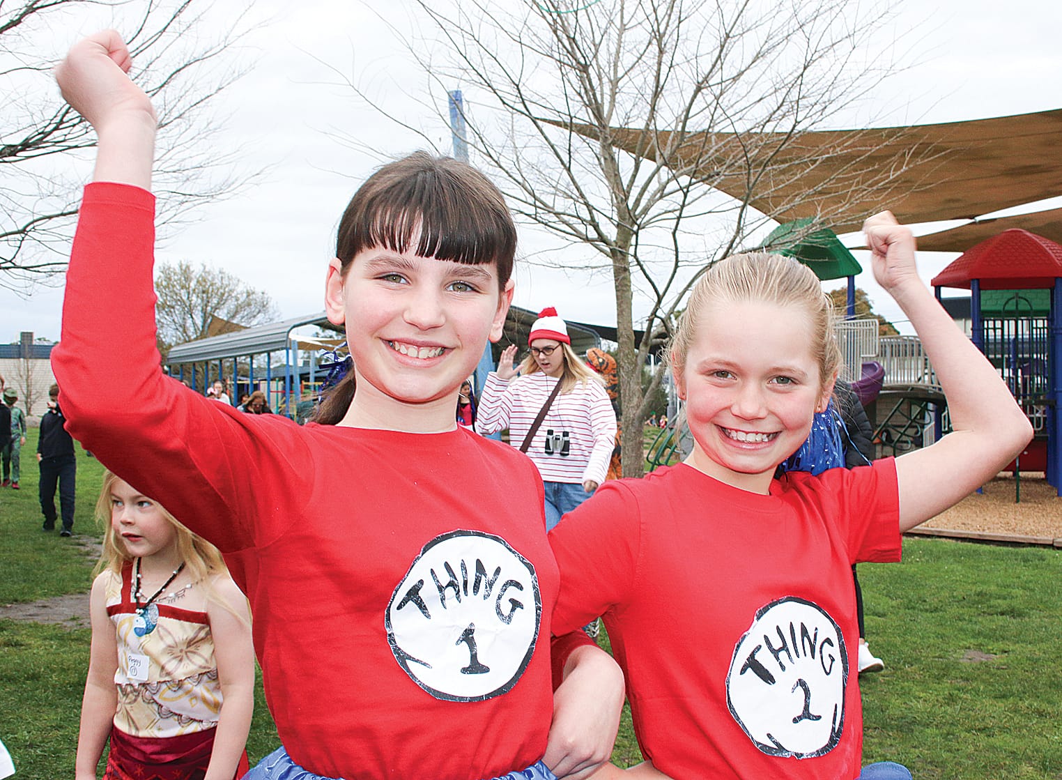 Lola and Tully dressed as Thing 1 and Thing 2 for Book Week at Inverloch Primary School. Tk05_3425