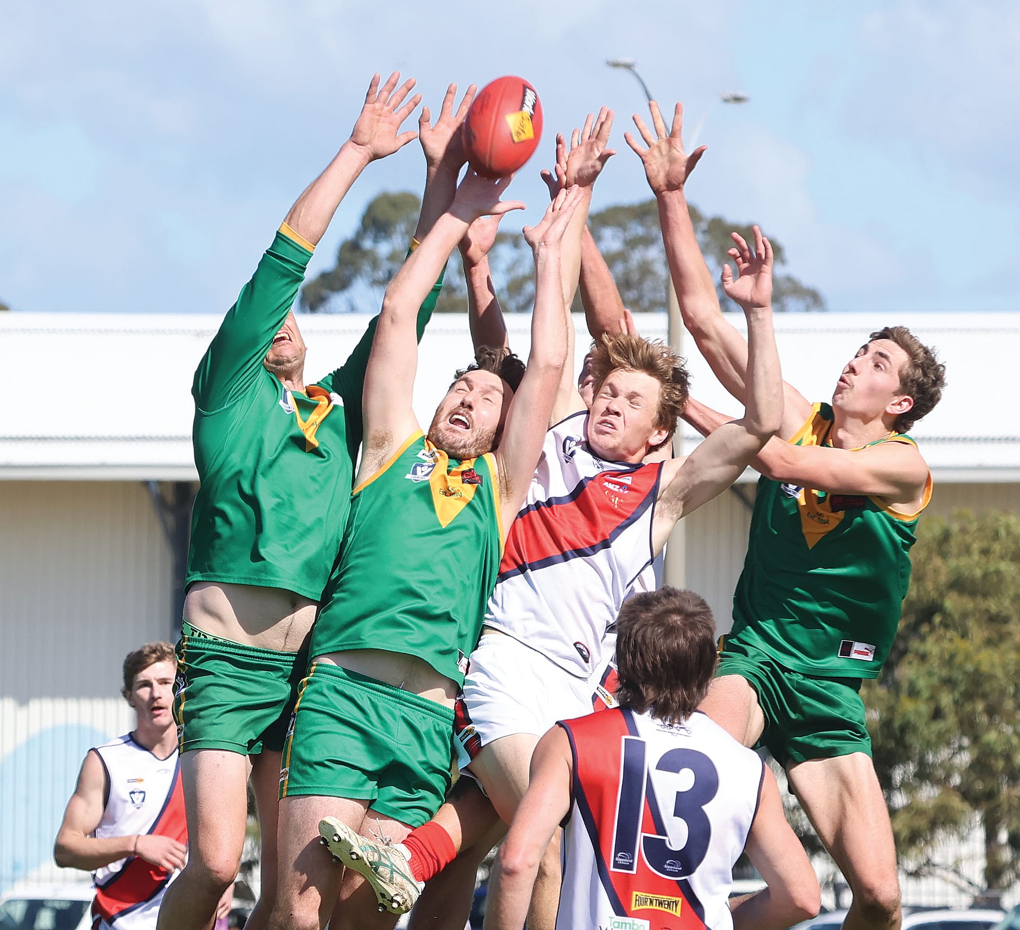 And the big men fly. Leongatha’s Nick Nagel looks to have the front position in this marking duel during the Reserves’ semi-final at Leongatha on Saturday.