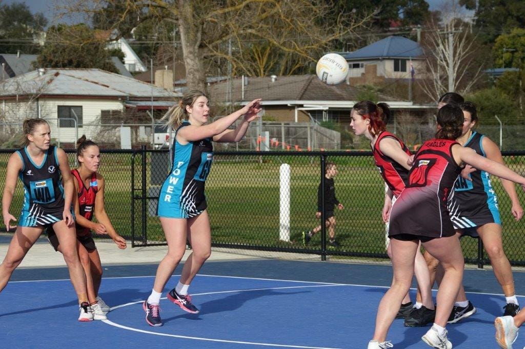 Wonthaggi A Grade shooter Courtney Brann works the ball across the scoring zone as Power looks to stretch the Maffra defence.