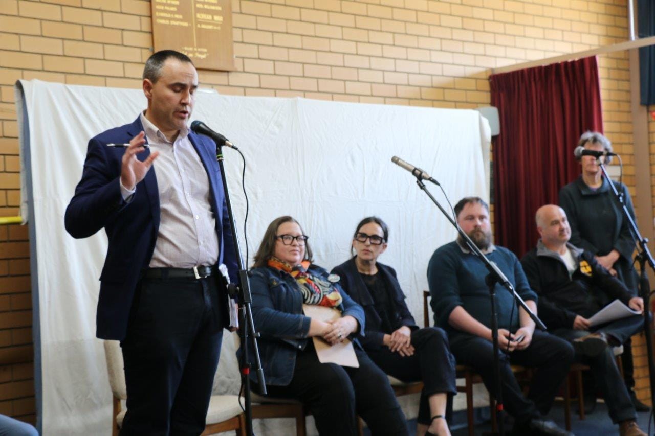 Mr Brown addresses a public meeting called by Save Westernport Woodlands at the Corinella Public Hall last Saturday.