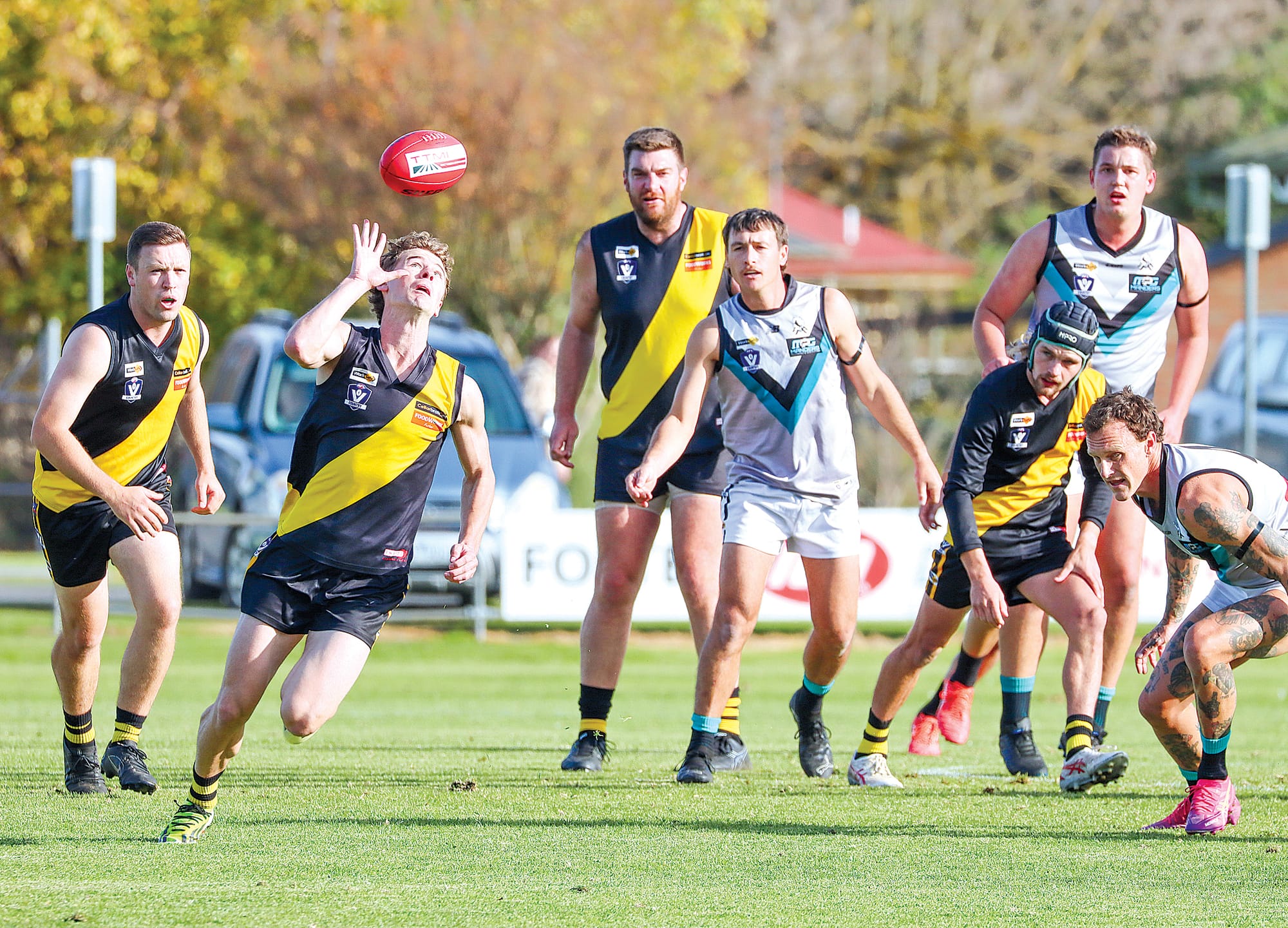 Lachlan Rathjen appears to be performing a magic trick as he prepares to take possession for Foster, booting one of the Tigers’ many goals for the day in a commanding victory over Toora. A12_2425