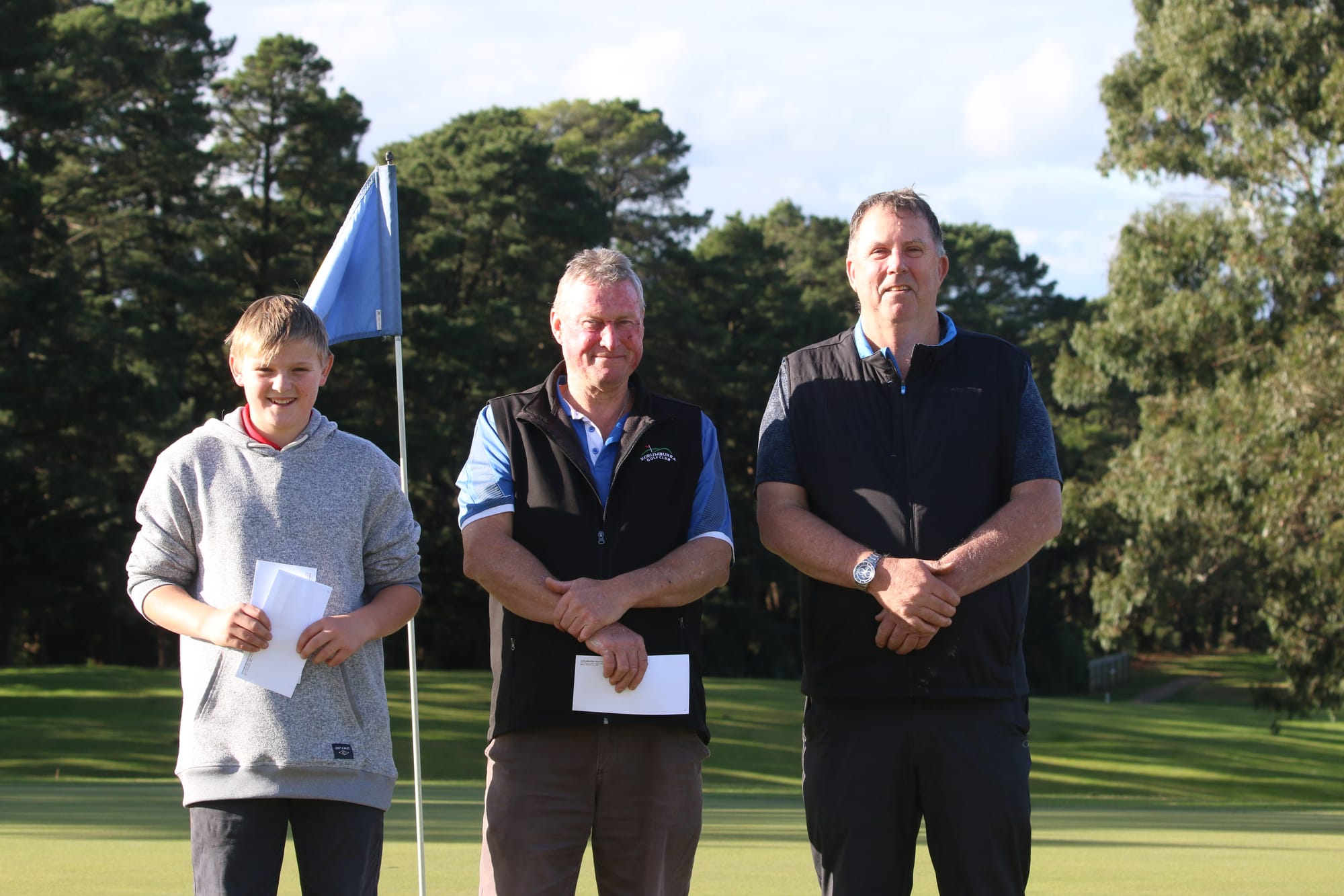 A Grade Nett winner Billie Wrigley, B Grade Nett winner Peter Rayson, and C Grade Nett winner Ian Gibson..