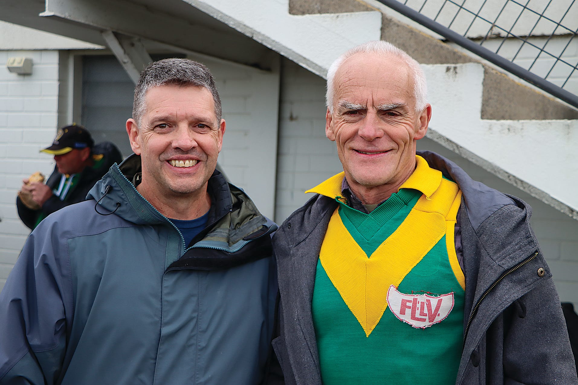 Former Leongatha teammates Greg Bolge and Phil Poulton await the Senior Grand Final, with Phil still fitting into his 1982 premiership jumper. “It’s a bit frayed and worn out but it’s still hanging in there like me,” he said. A64_3924
