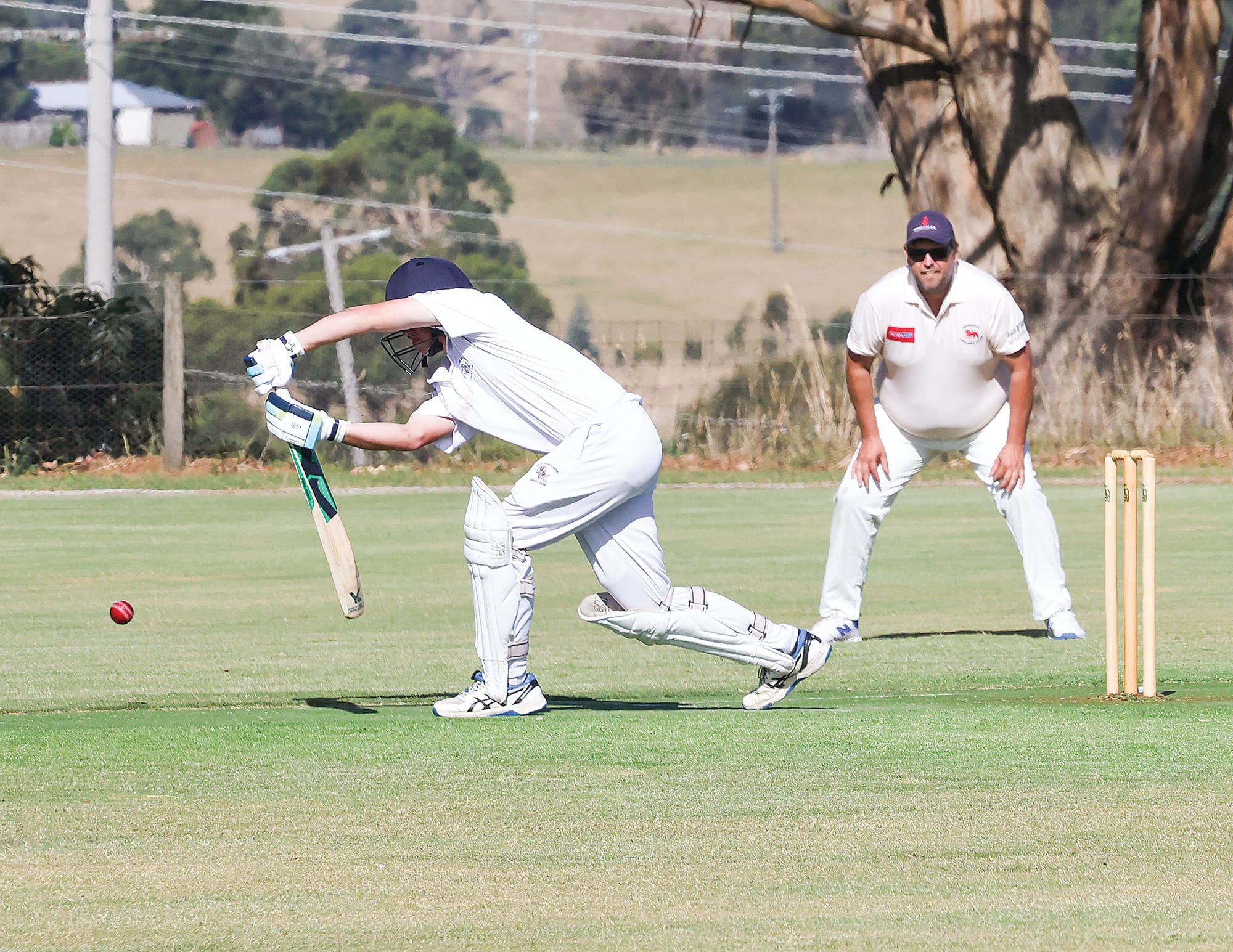 Phillip Island’s Heath Womersley offers the perfect defence in his goal of getting to stumps with the minimum loss of wickets against Imperials in B Grade Division 1. 
