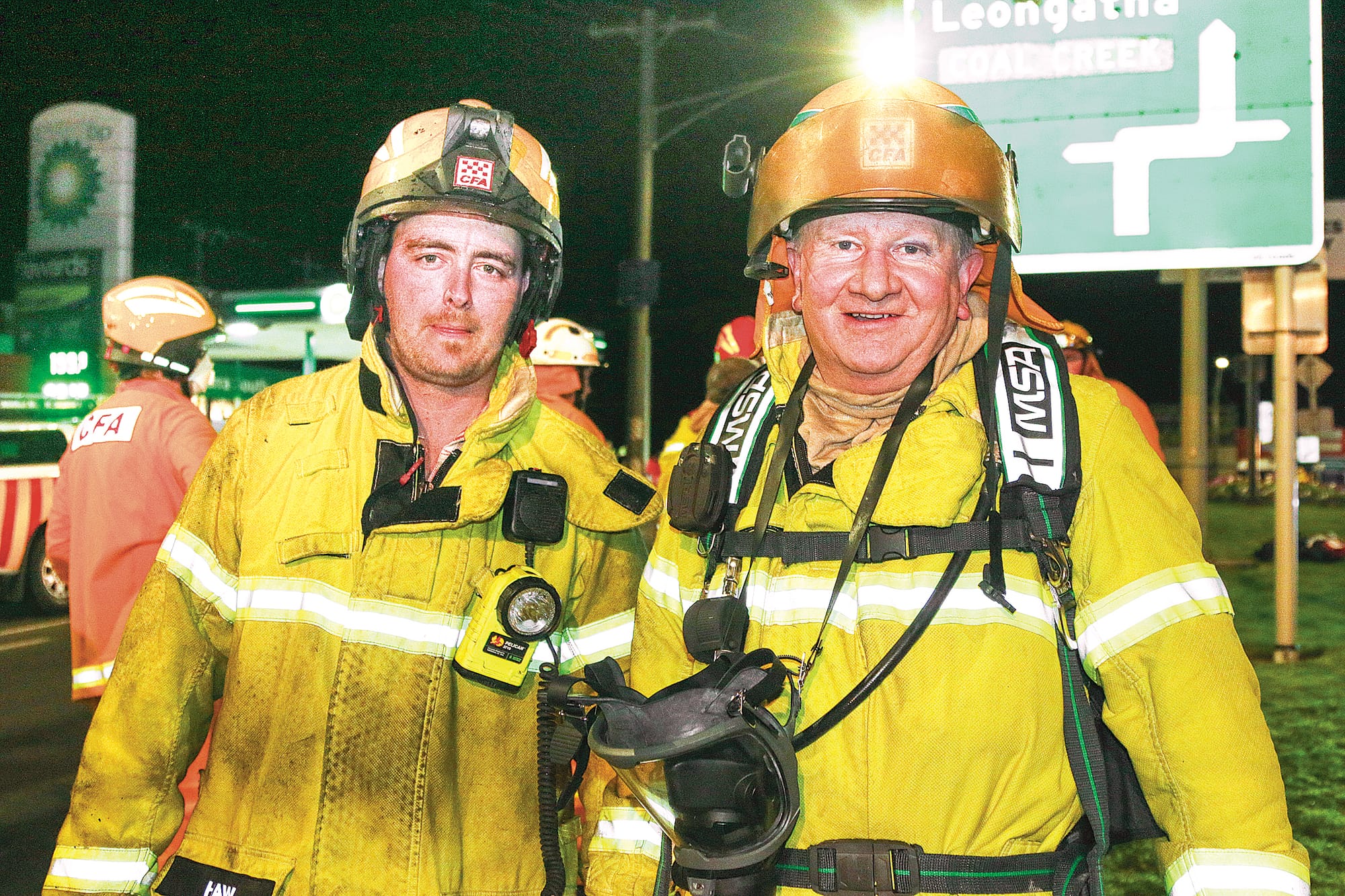 Korumburra CFA members Jarred Haw and Lieutenant Ross Harris after tackling the blaze. A13_3022