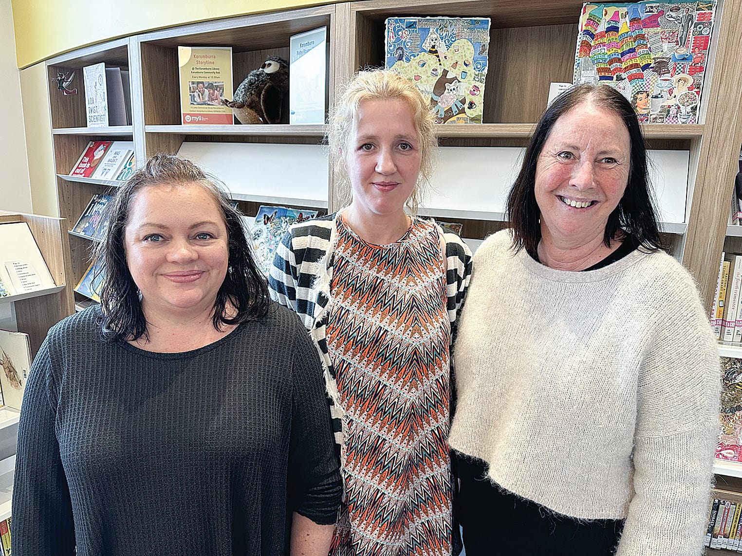 Sandra Morton-Pederson from Loch Pre-School with Leah Broadby assistant and guide to the young authors and Debbie O’Halloran, teacher of the pre-schoolers. ob01_4923