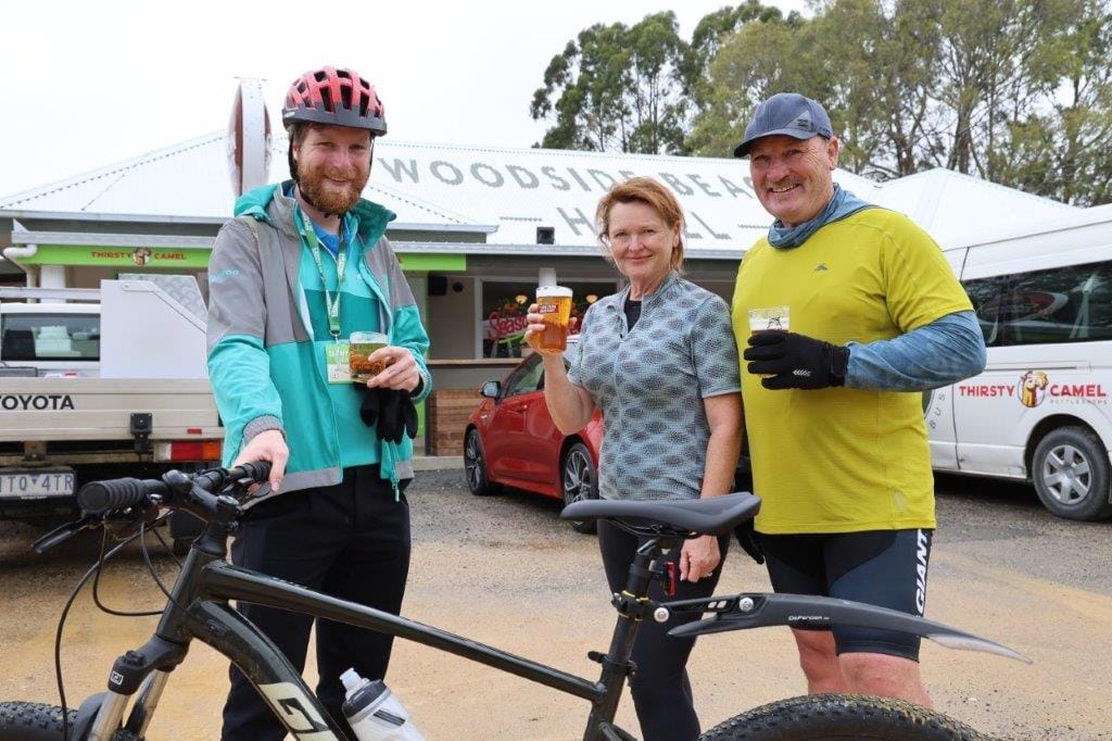 A stop at the Woodside Beach Hotel was a must for this Great Vic Bike Ride group.including Cam Gosley from Canberra and 'KK' and Craig Dowling of Geelong.