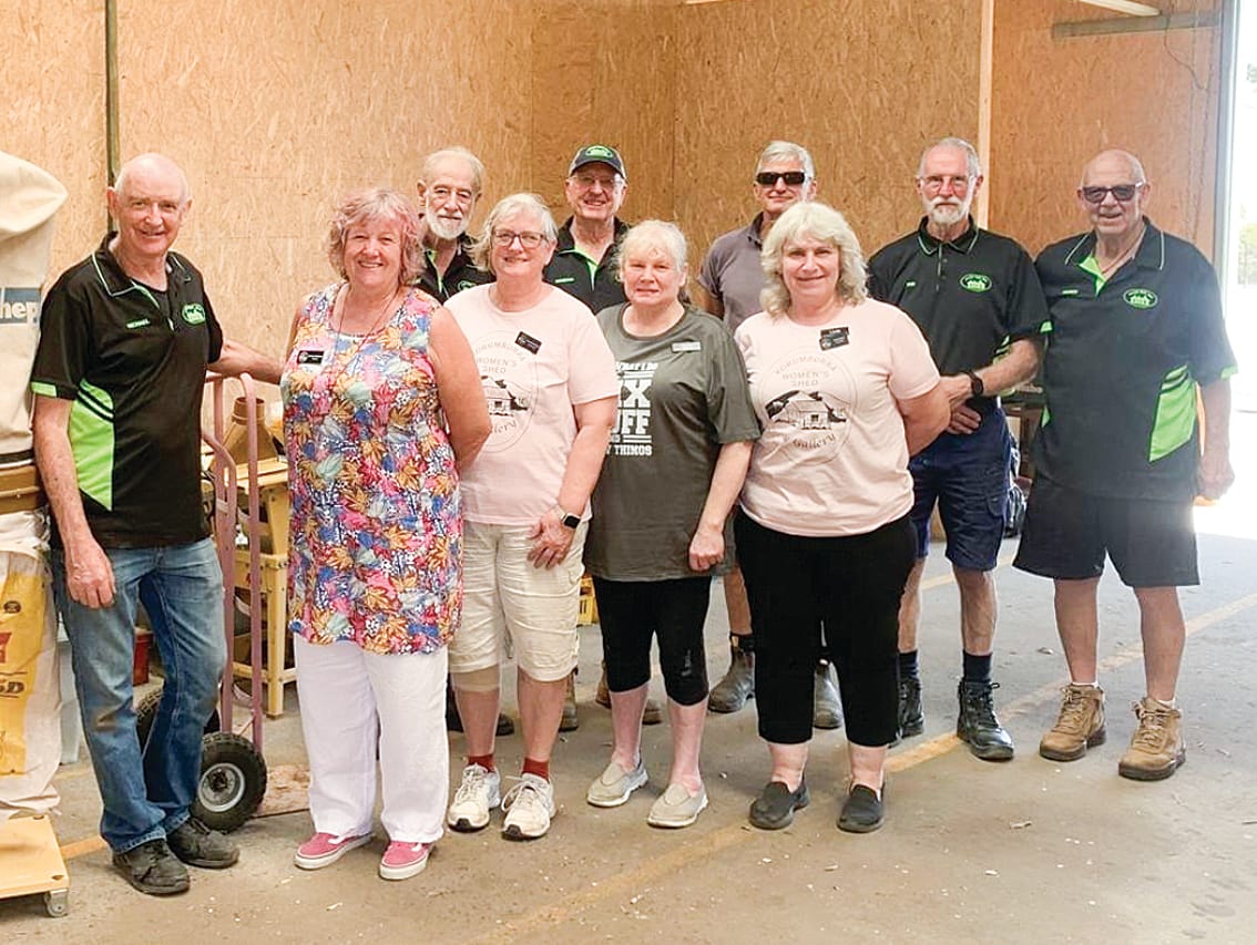 Members of the Rowville Men’s Shed visit the Korumburra Women’s Shed, where they presented the ladies with a collection of tools and other useful items.
