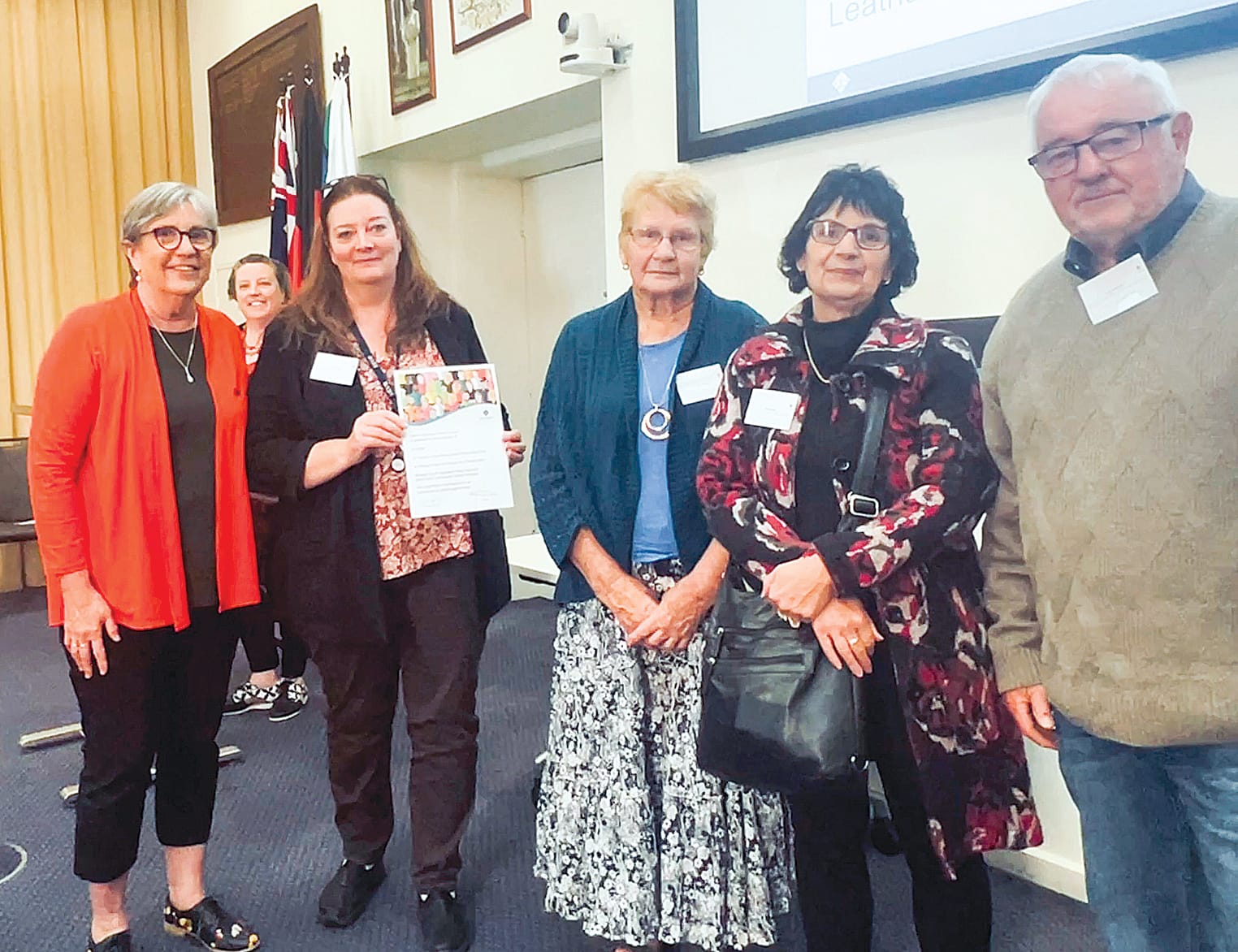 Councillor Mohya Davies with Tonya Wright, Leatha Peters, Mary Baker and Les Harmer of Friends of Mirboo North Swimming Pool which received $10,000 for shade sails.