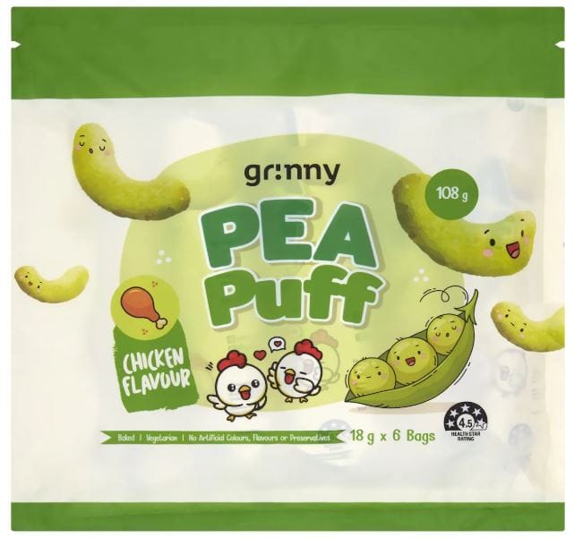 Recall of grinny pea puffs chicken flavour due to potential glass contamination