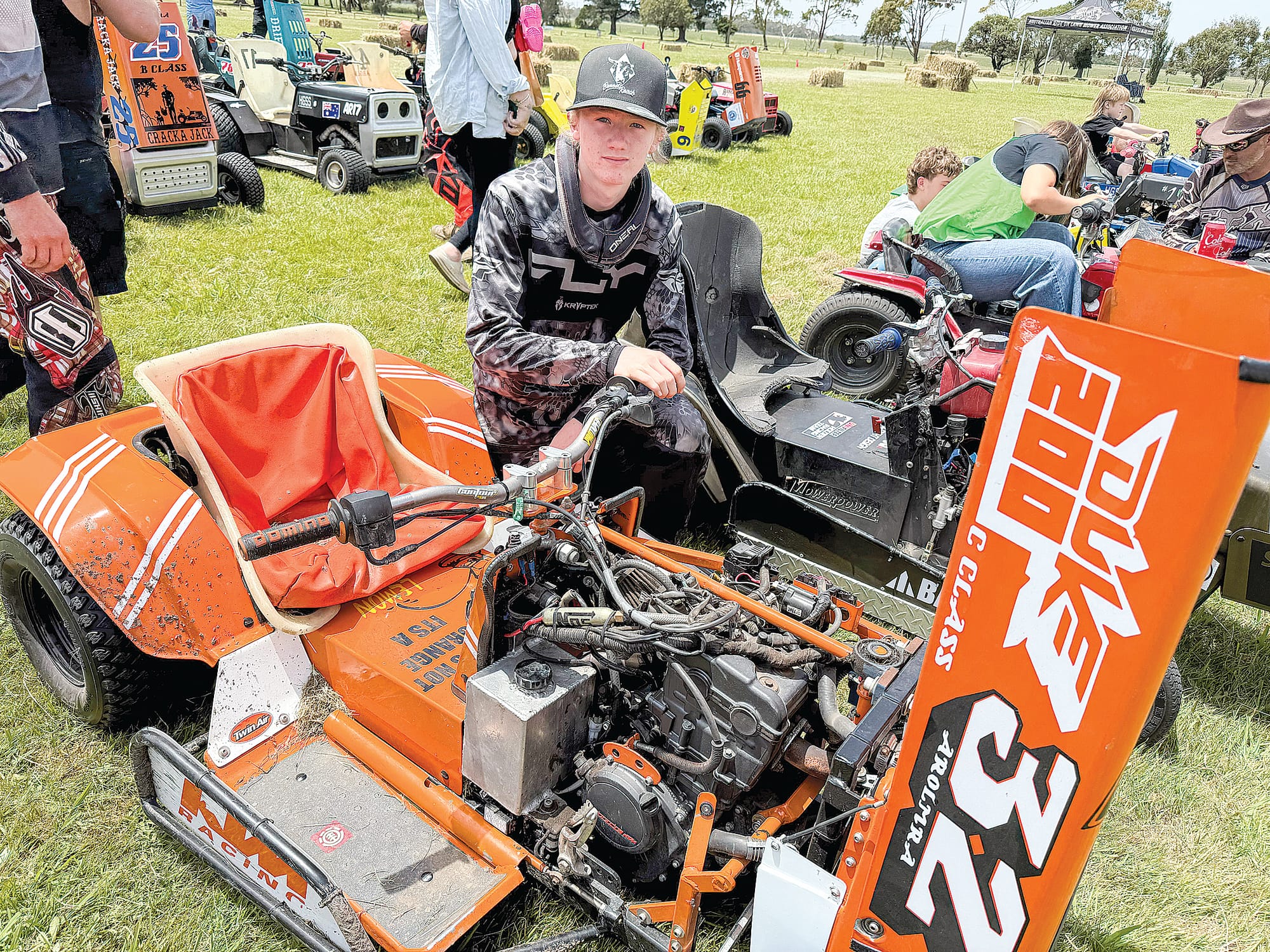 Nathan Peter of Metcalfe near Kyneton with his KTM 250 powered lawnmower but there’s little beyond the look of a ride-on mower that remains in this specially built racing machine.