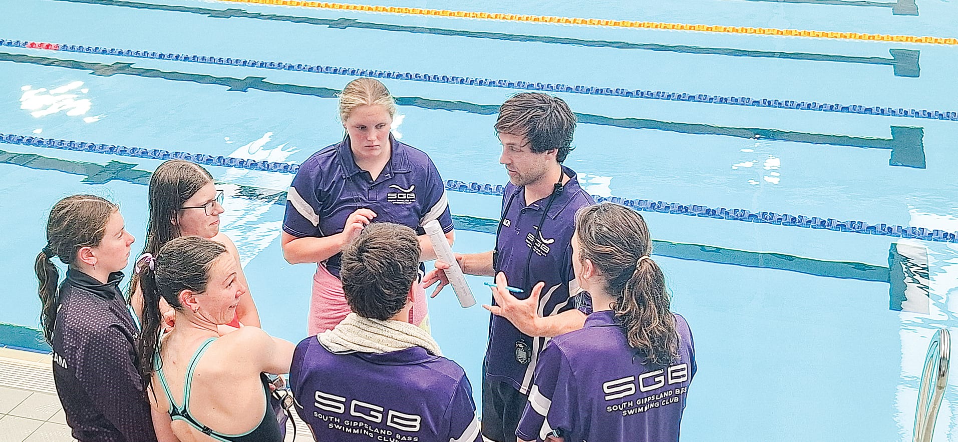 South Gippsland Swimming Club Coach Dylan Muir inspires his charges.