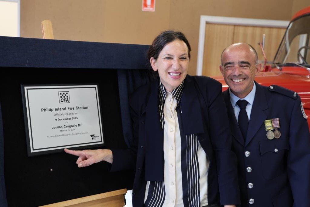 Bass MP Jordan Crugnale was chuffed to have her name on the opening day plaque at the Phillip Island Fire Station, with fire brigade captain Lino Drazzi.