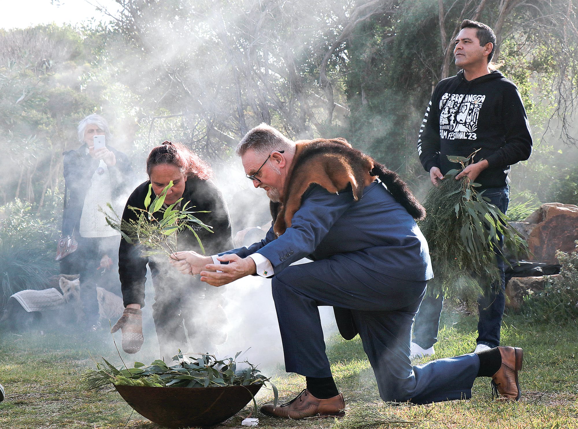 Traditional Owner Bunurong Trawlwoolway Uncle Anthony Egan at the Welcome to Country smoking ceremony for National Sorry Day. 