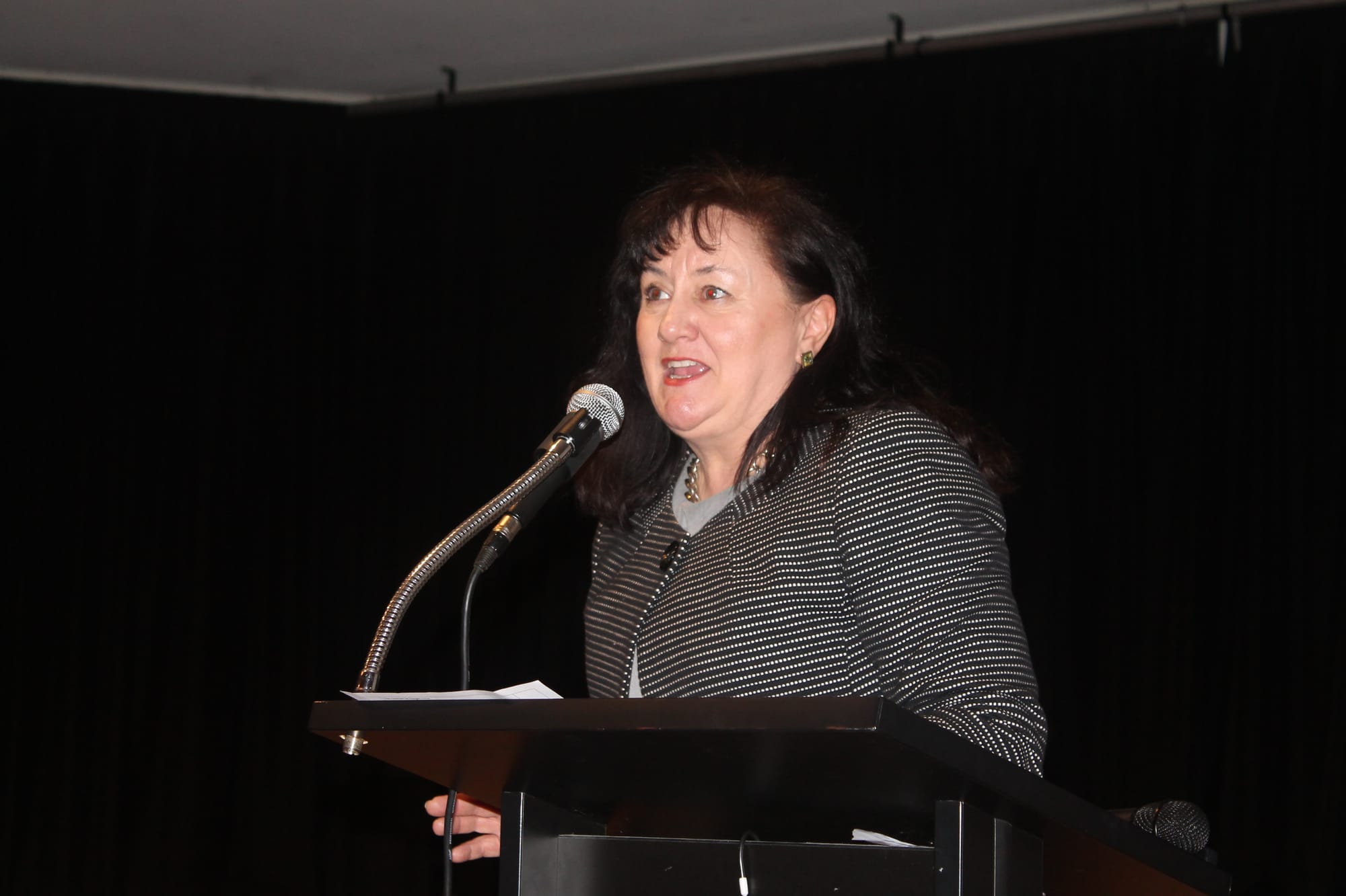 Meg Edwards convenor of the Not in Our Name rally against the State Government’s Emergency Services Levy at the Wonthaggi Workmen’s Club. B00_3425