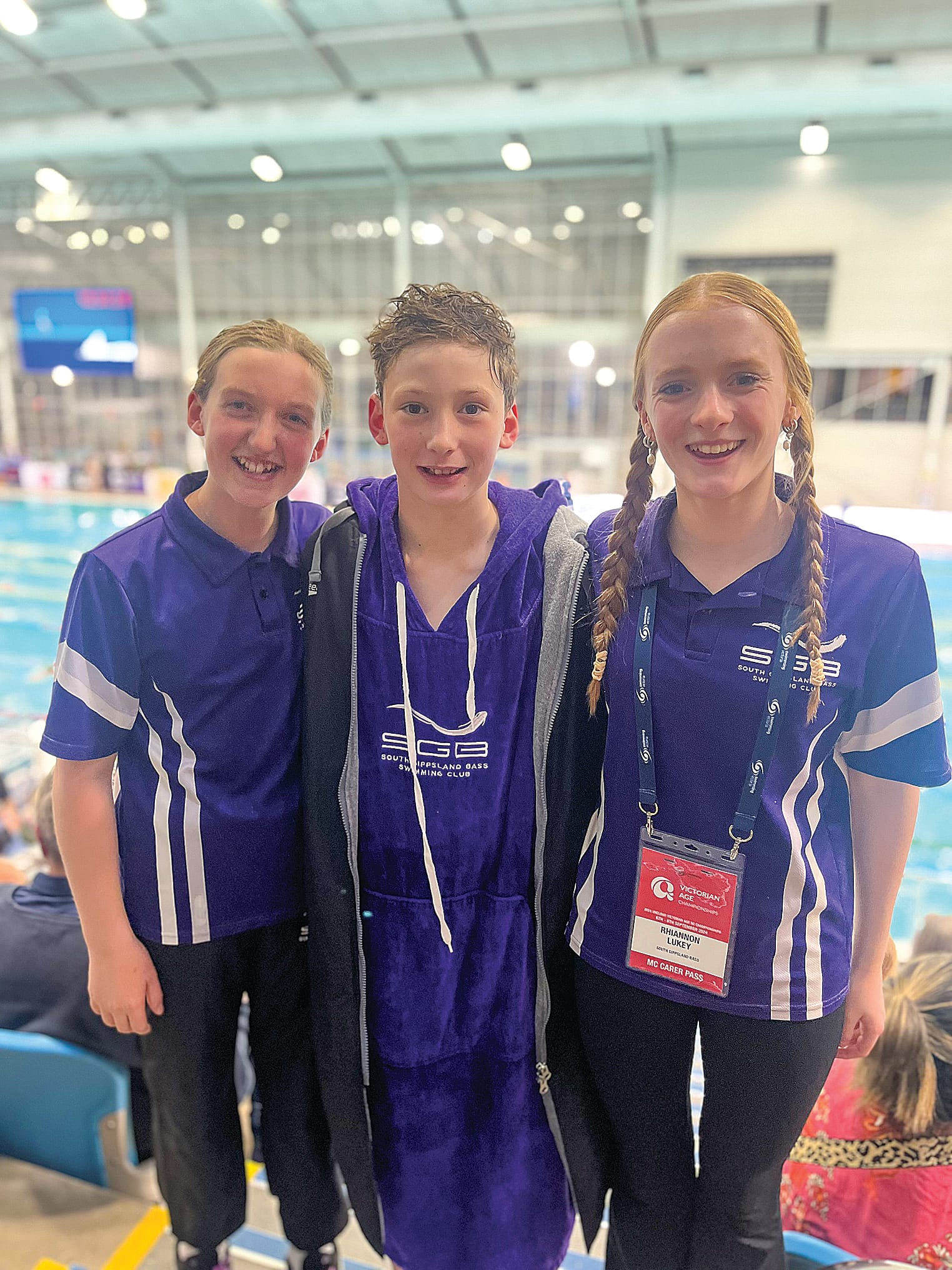 South Gippsland Bass’ Tayah, Levi and Brooklyn at the Melbourne Sports and Aquatic Centre.