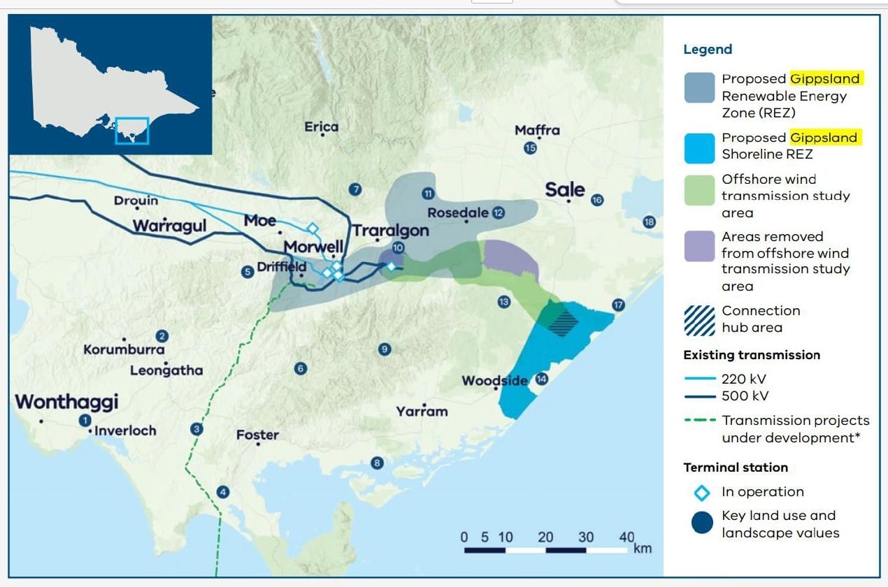 The designated Renewable Energy Zones (REZ) in Gippsland concentrate of the locations where offshore wind energy will come ashore, including between Woodside and Giffard north-east of Yarram.