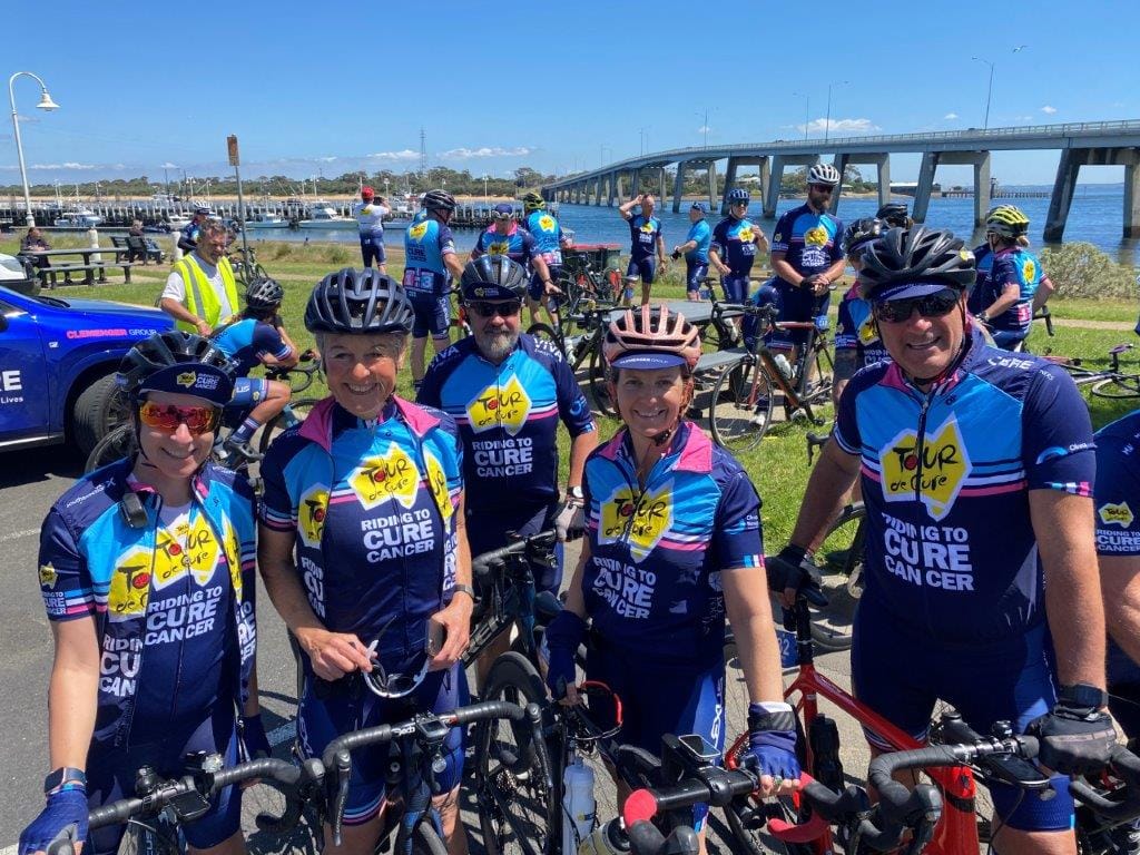 Enjoying the weather and the Tour de Cure ride to Phillip Island were Honor Edwards from Fitzroy, Claere Kay of Sydney, Gary Caddy of Lower Plenty, Cathy Humphreys of Sydney’s Northern Beaches and Jim Zagoudis of Chadstone.