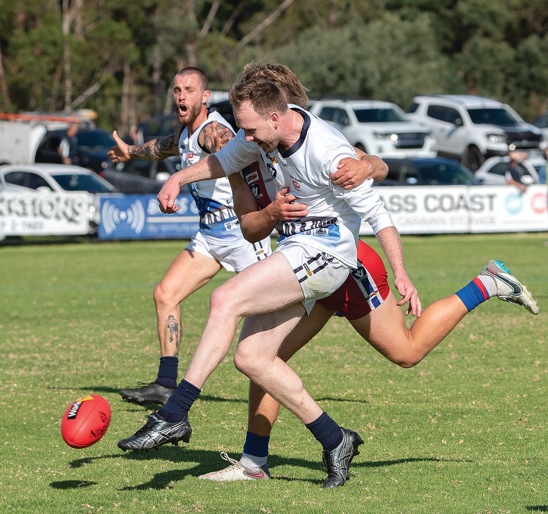 Dale Gawley finds boot to ball to kick a goal for Kilcunda-Bass in the first quarter.