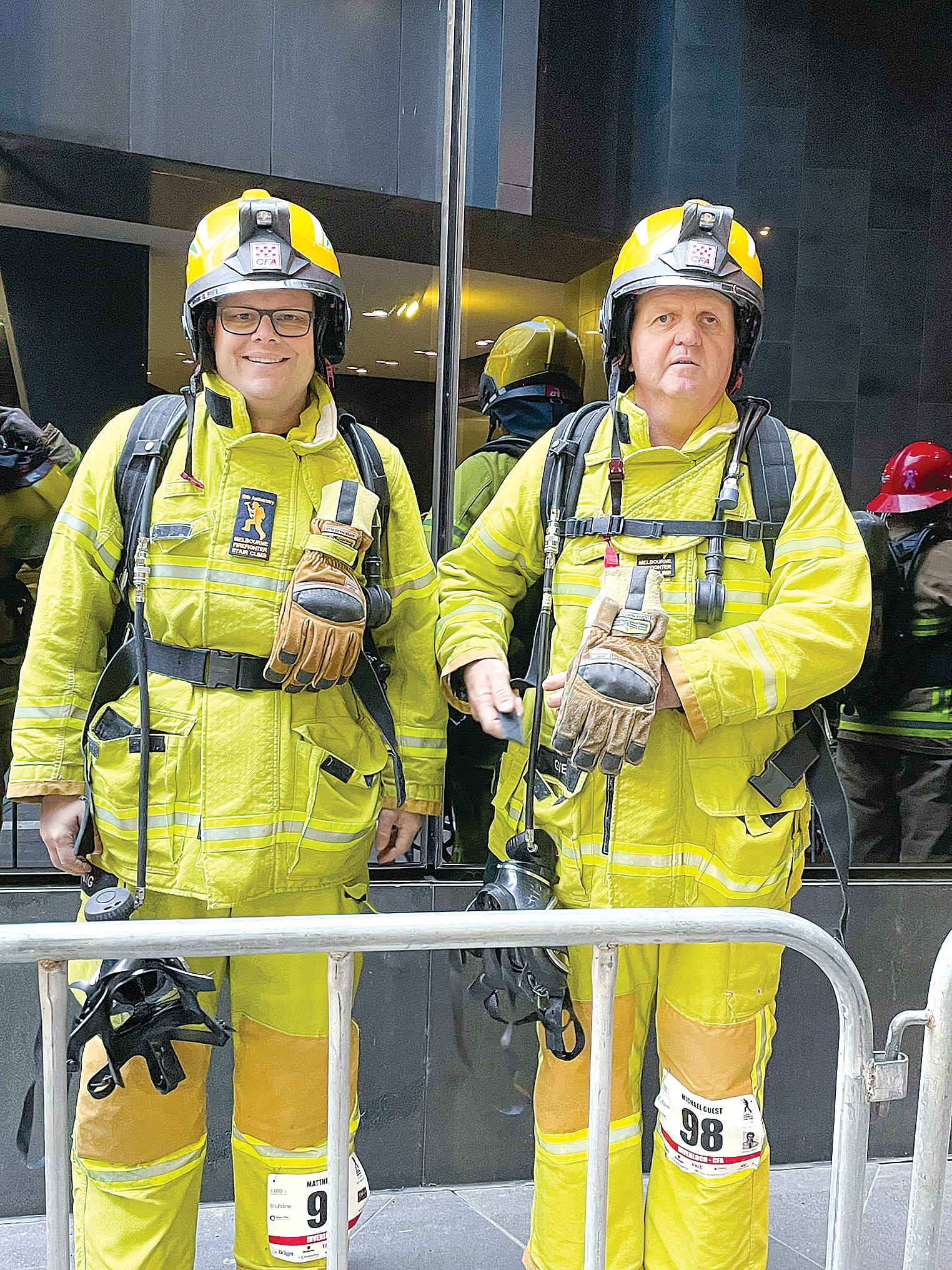 Matthew King and Michael Guest at the starting line the Melbourne Firefighter Stair Climb in the conference centre of Crown Metropol.