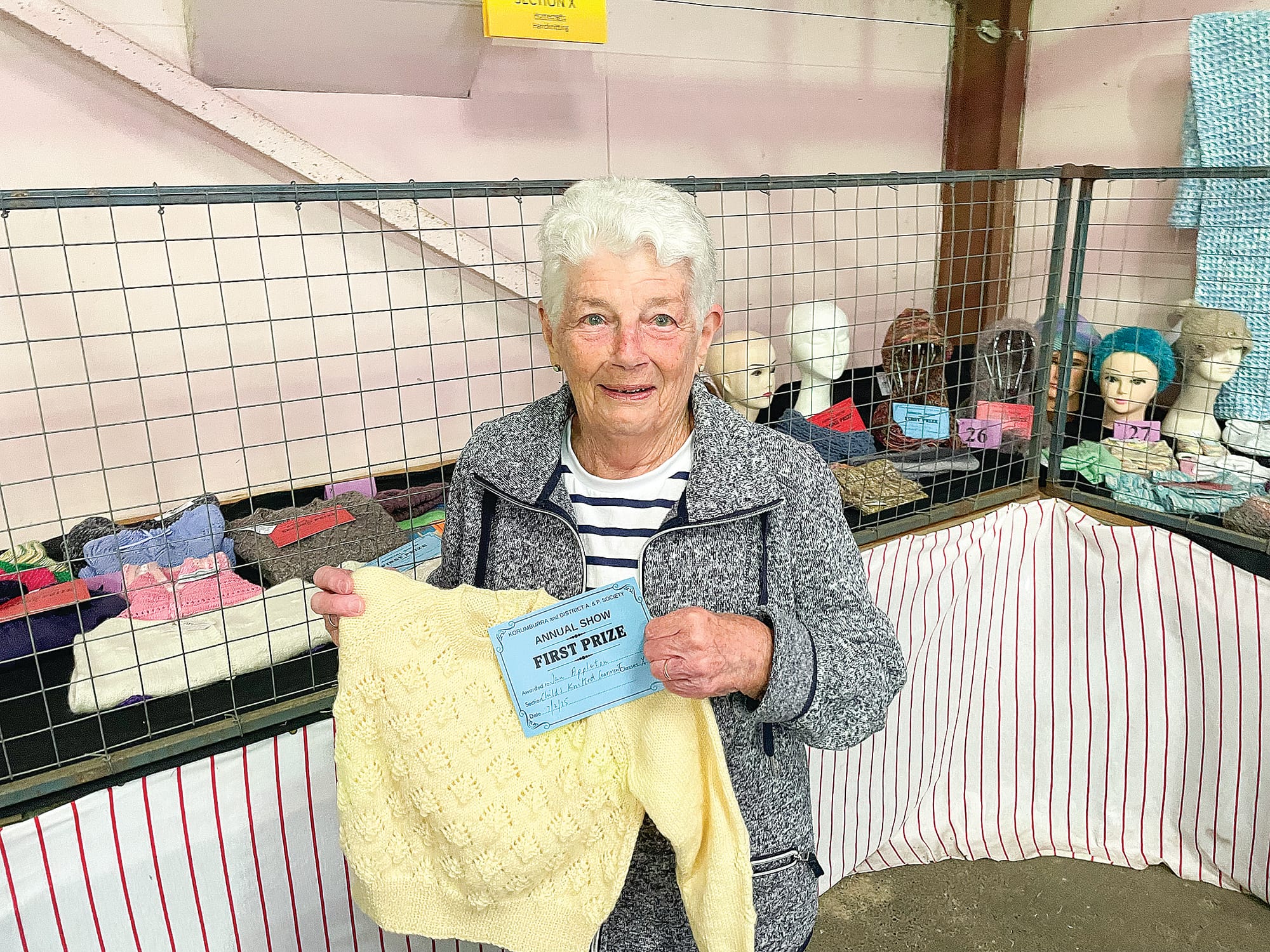 Korumburra’s Jan Appleton shows the winning jumper she knitted, having contested multiple categories in the Korumburra Show. A42_0625