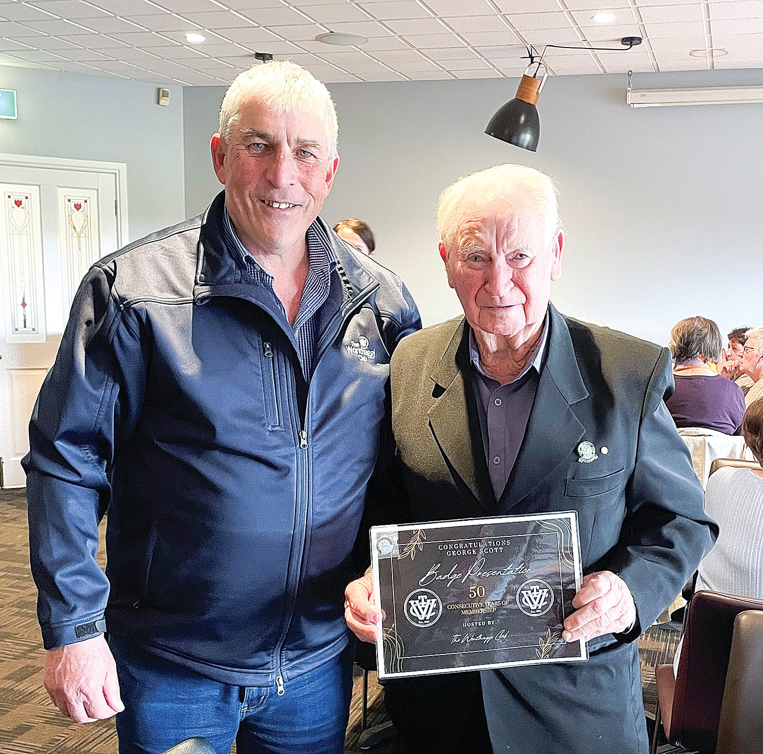 George Scott was recognised for his 50 years of service, pictured with, President Alan Bolding.