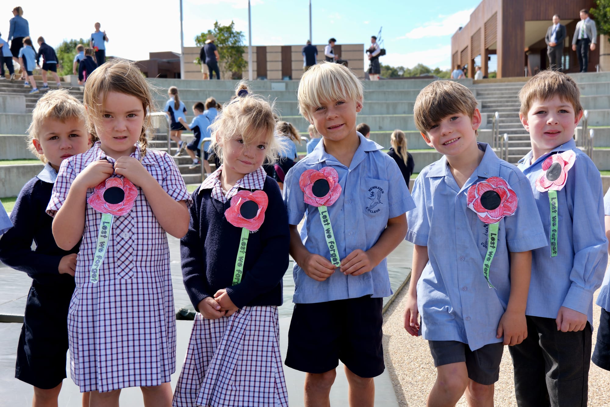 Newhaven College Preps wore their own handmade poppies as a sign of respect during the College ANZAC commemoration service. L-R Benji Blondel, Scarlett Oudshoorn, Macey Sanders-Rogers, Jarvis Dunk, Axel Onley and Hugo Kelsall.
