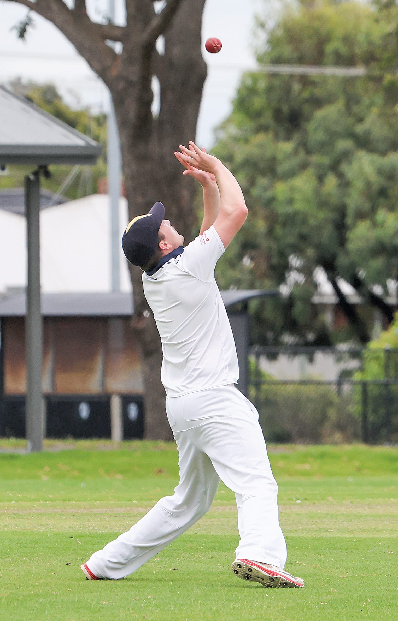 Wonthaggi Club’s Ryan Thomas skies one off the bowling of Phillip Island’s Simon Kirton and is caught in the outfield by Max Royal.