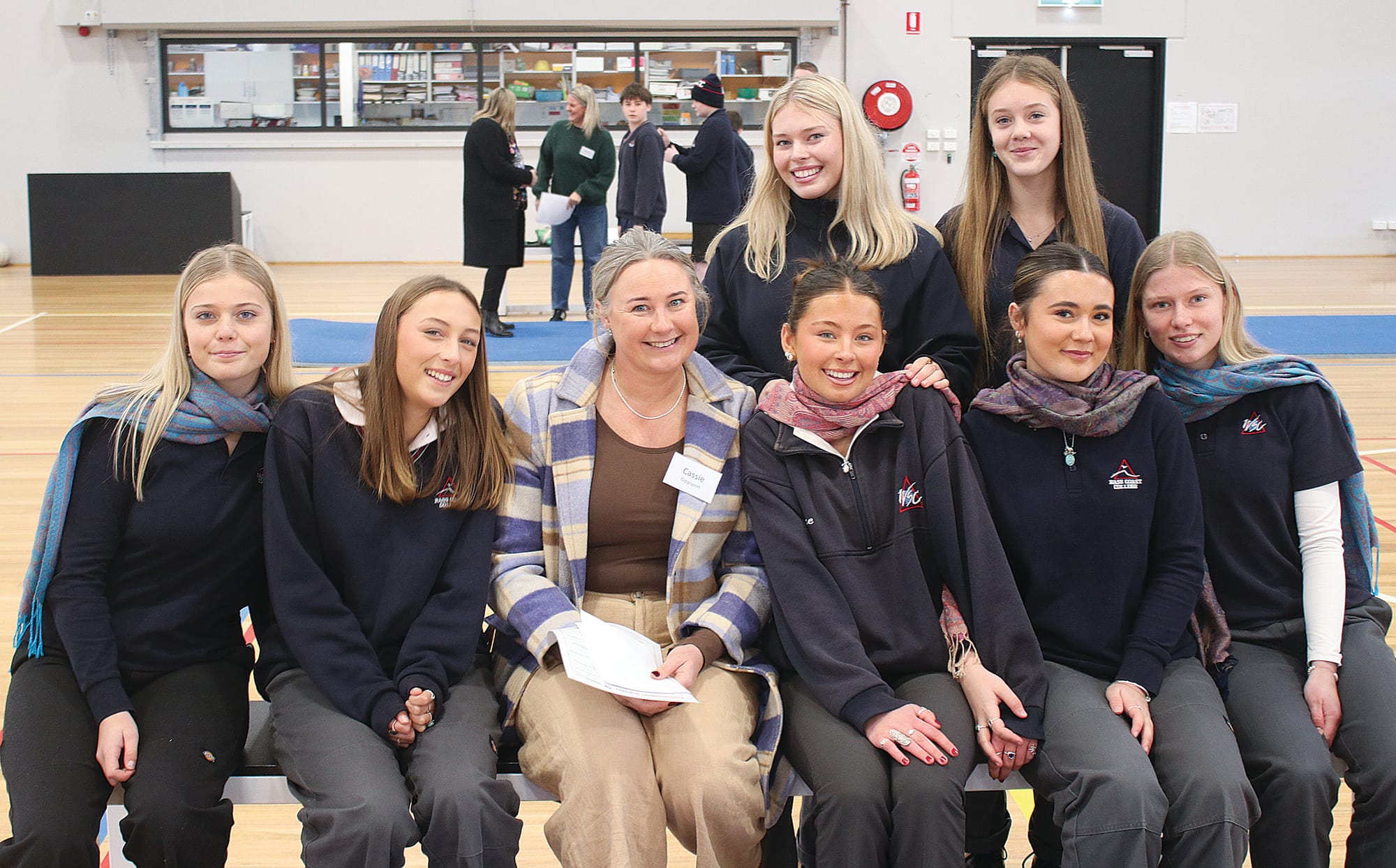Students Sasha Venell, Lily Hinch, Bella Grant, Harper Hawking, Torah Boyd, Jade Copland and Bridie Allan wrap up their session with Cassie Atkinson from GippSport. W07_3125