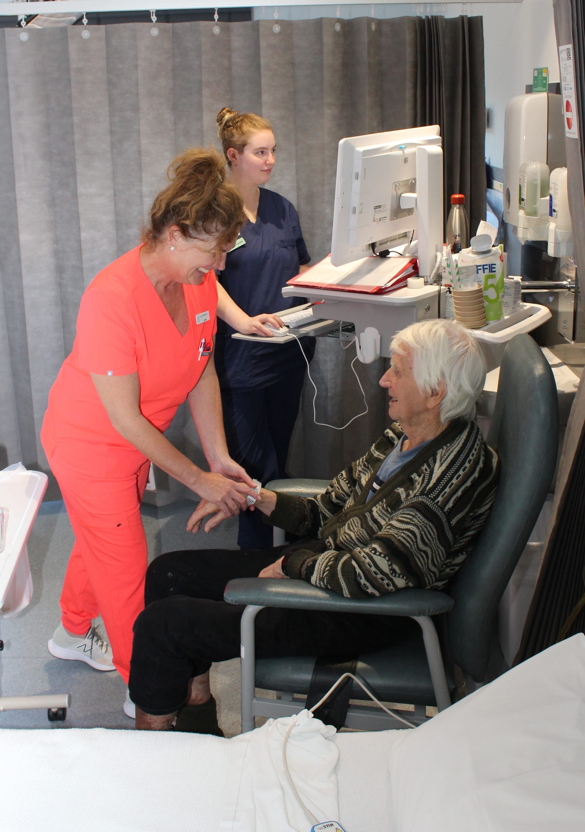 Sub-Acute Associate Nurse Unit Manager Janet Lovett and Graduate Nurse Nicola Danher care for patient Raymond Rhodes.